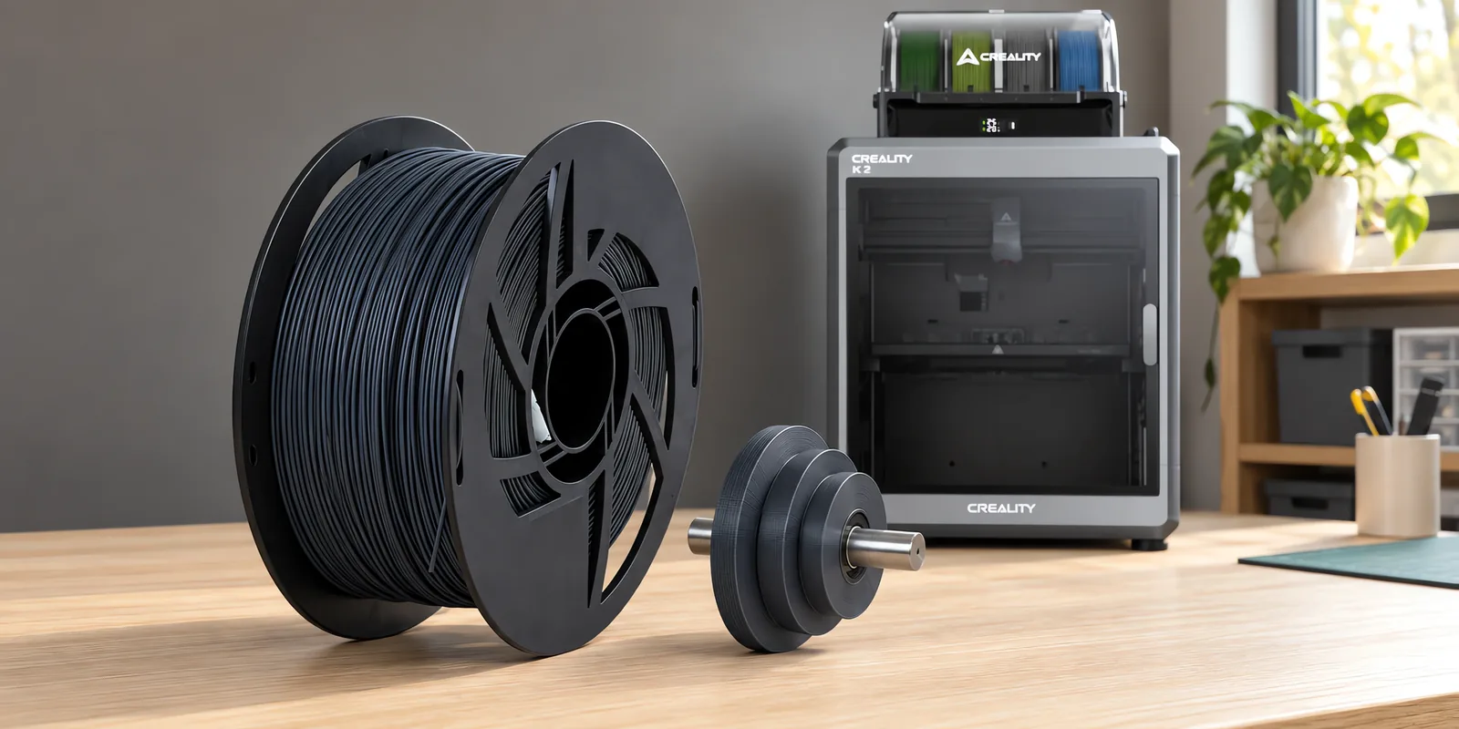 Carretel de filamento acetal gris acero sobre una mesa de roble claro, con una impresora 3D detrás y una polea impresa en el mismo color al lado.