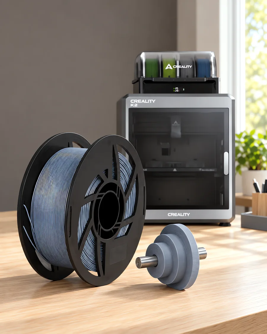 Carretel de filamento acetal gris plata sobre una mesa de roble claro, con una impresora 3D detrás y una polea impresa en el mismo color al lado.