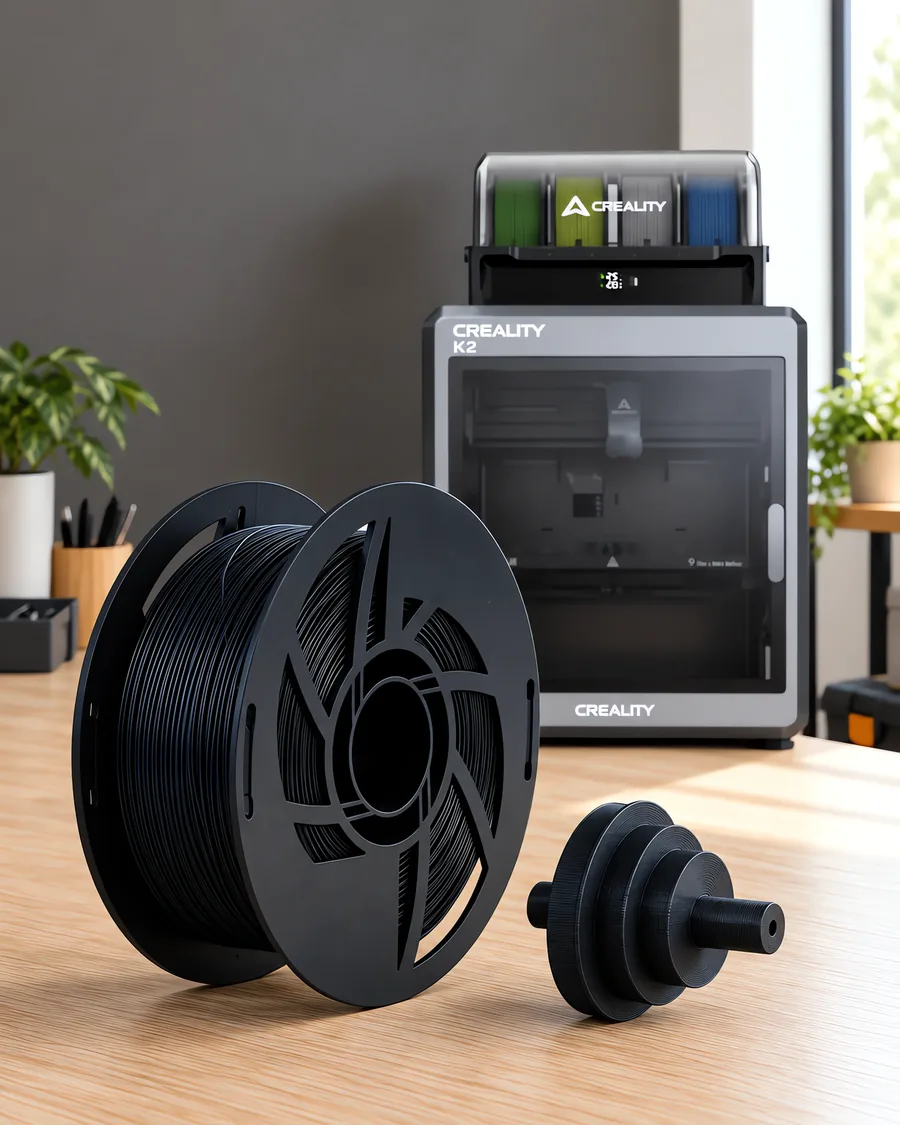 Carretel de filamento acetal negro sobre una mesa de roble claro, con una impresora 3D detrás y una polea impresa en el mismo color al lado.