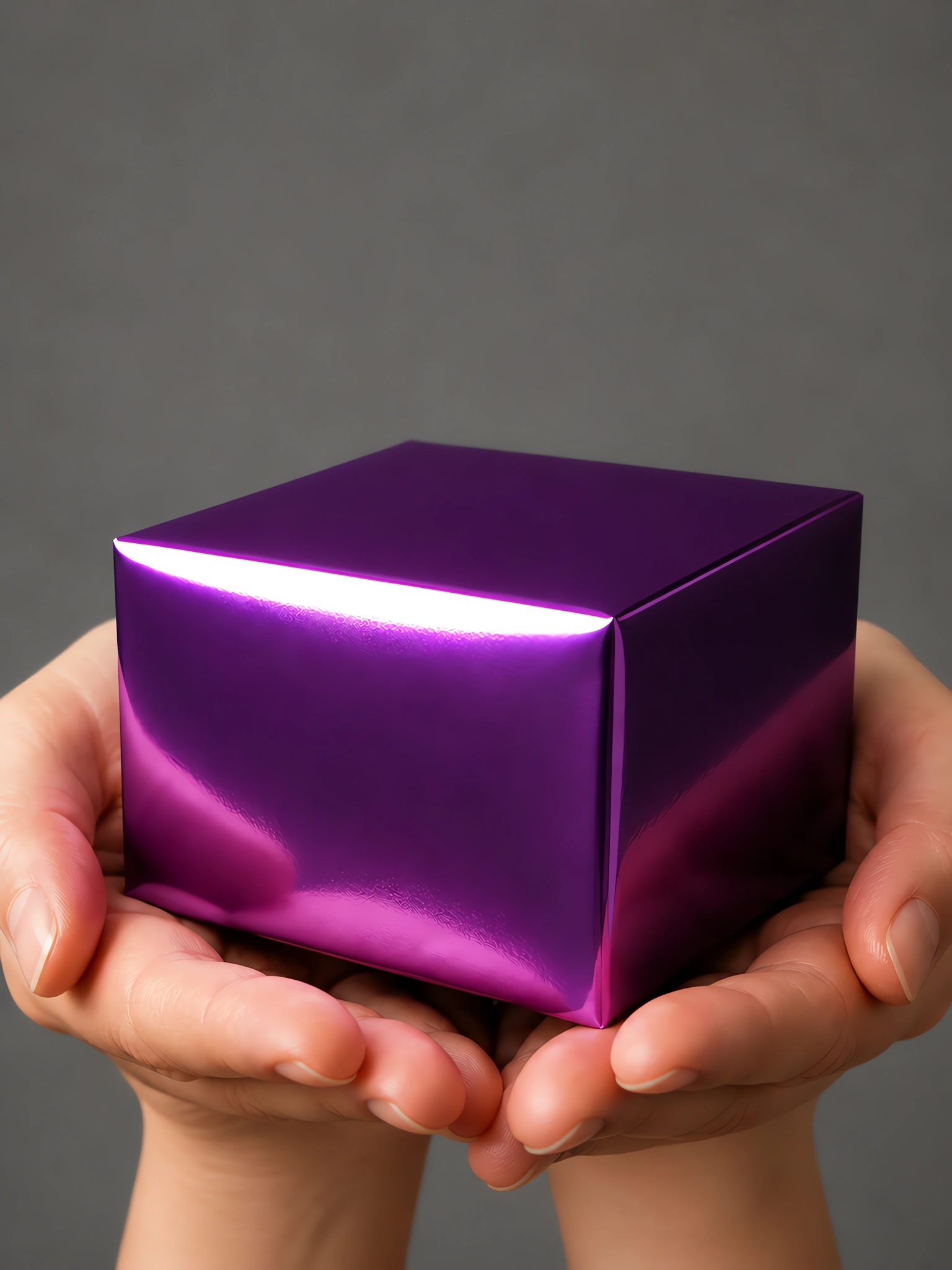 Manos sosteniendo una cajita armada con una hoja de Metalina en el acabado morado brillante
