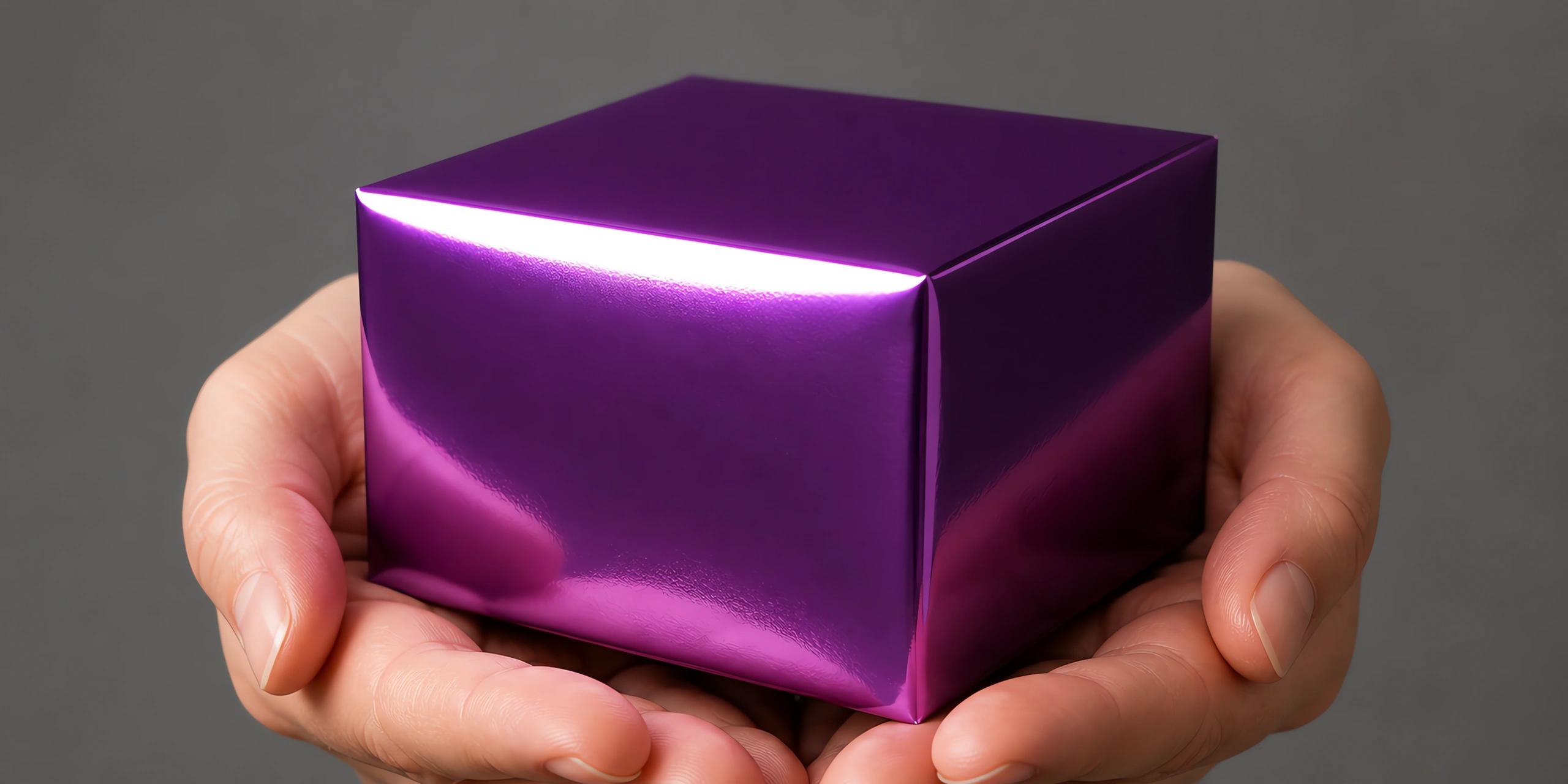 Manos sosteniendo una cajita armada con una hoja de Metalina en el acabado morado brillante