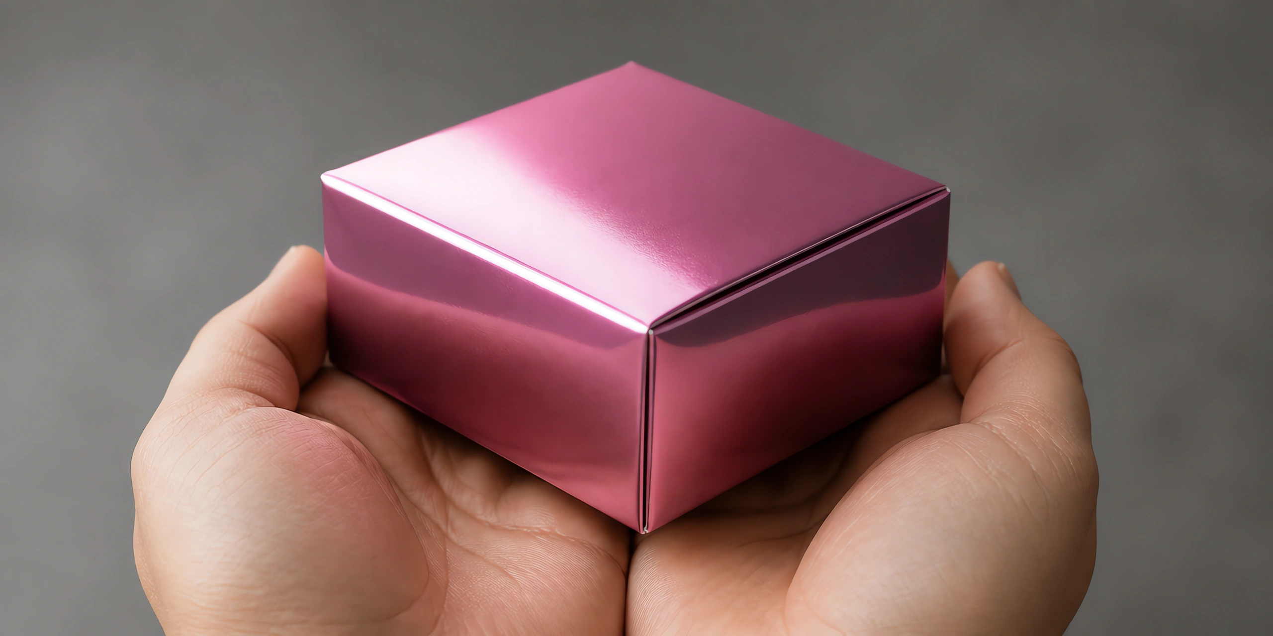 Manos sosteniendo una cajita armada con una hoja de Metalina en el acabado rosa gold