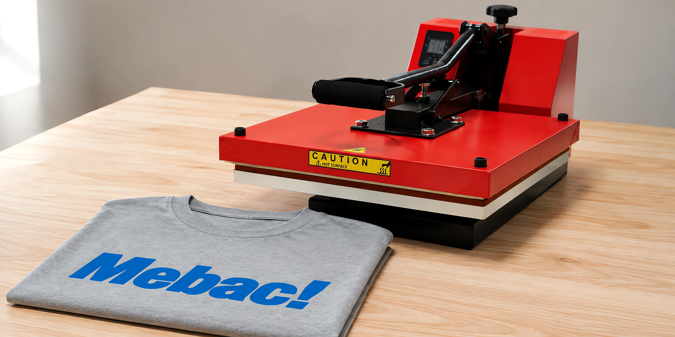 Prensa térmica plana de 38 × 38 cm sobre la mesa, con una remera recién estampada al lado