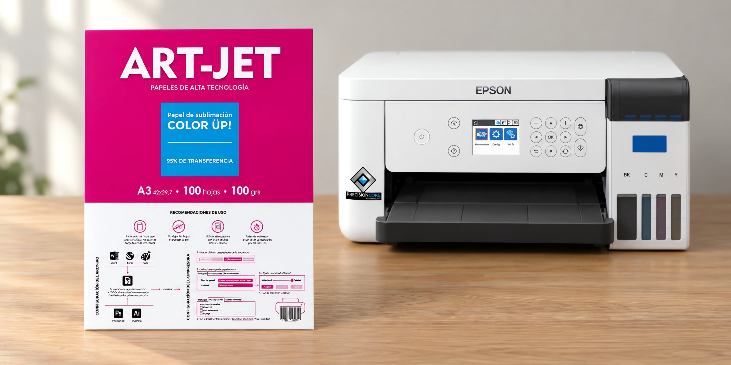 Papel para sublimar {COLOR}, con la impresora que lo usa detrás