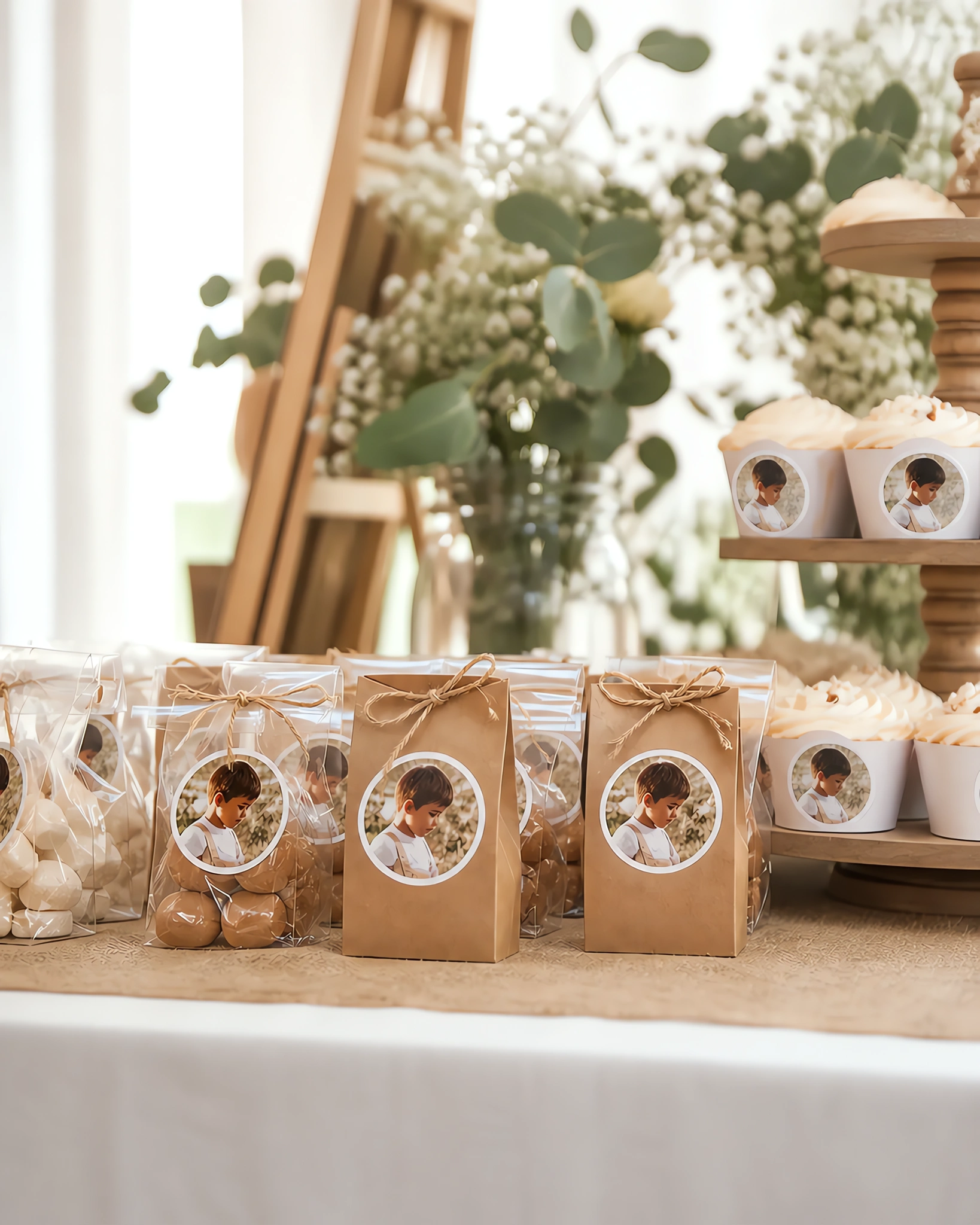 Una mesa de candy bar con cajitas y bolsas etiquetadas