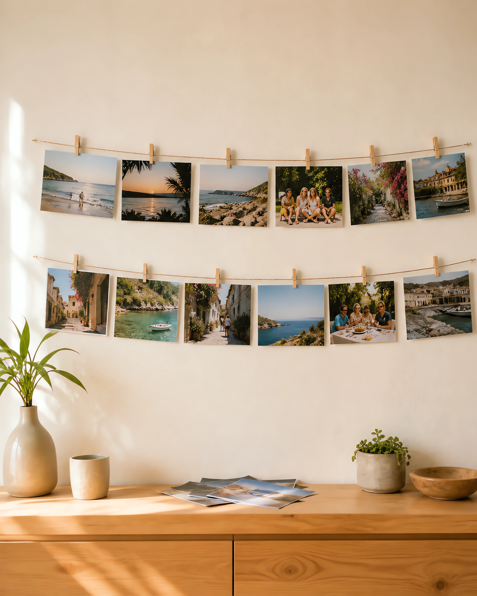 Fotos brillantes colgadas de un hilo en la pared