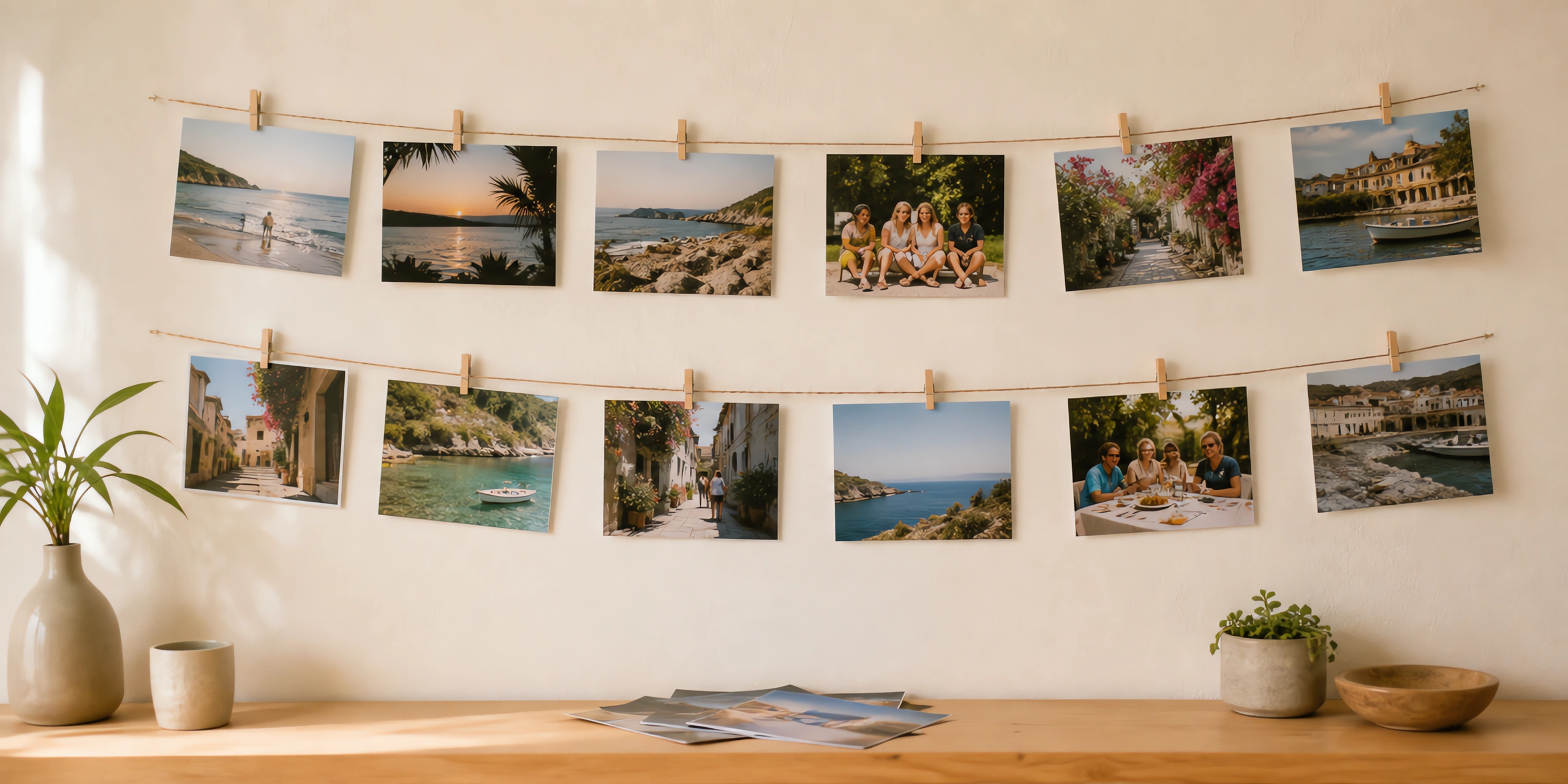 Fotos brillantes colgadas de un hilo en la pared