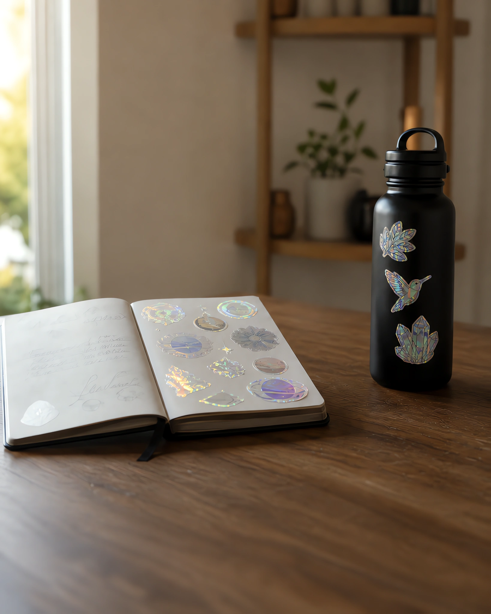 Una agenda cubierta de stickers holográficos que destellan