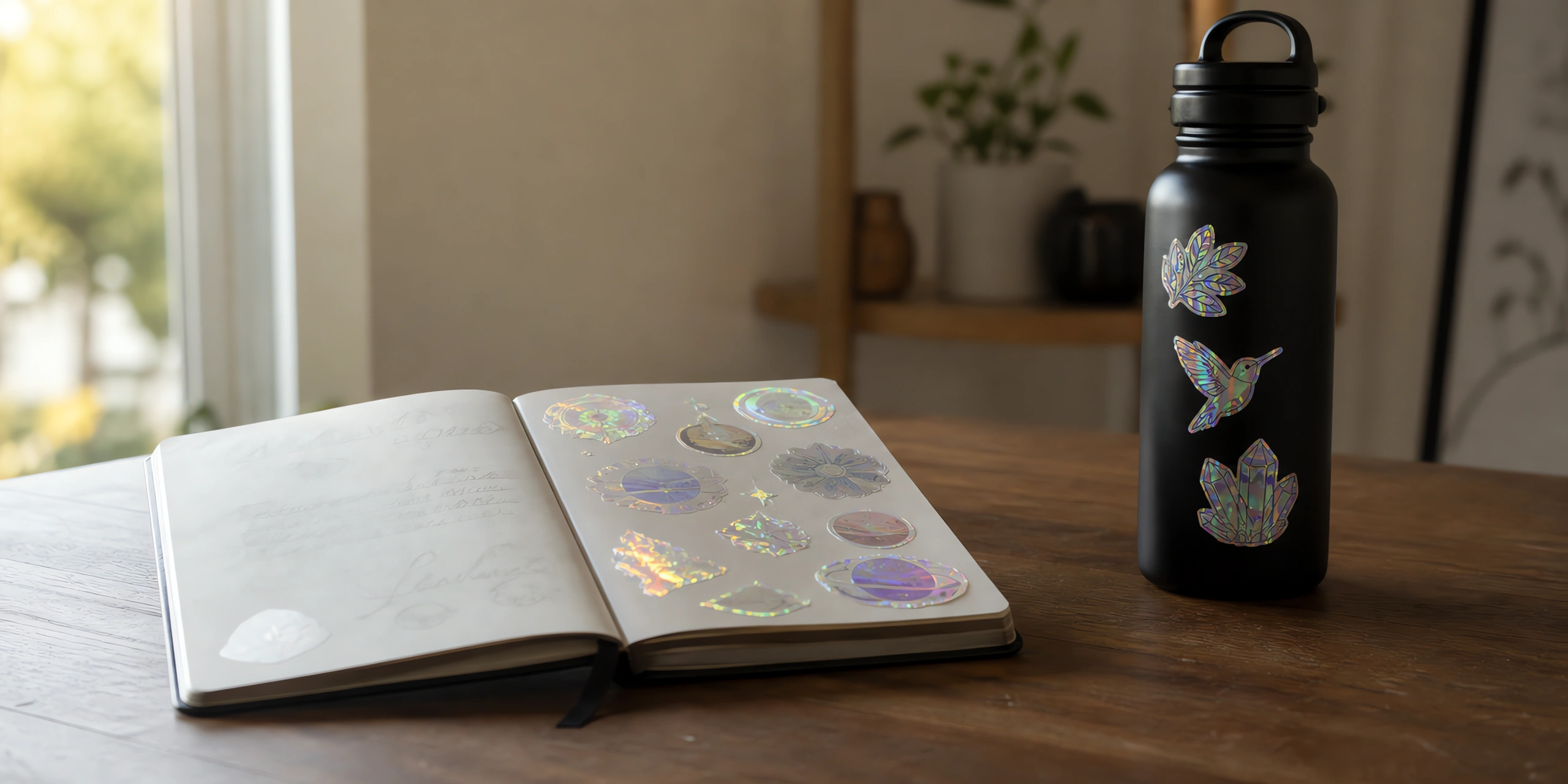 Una agenda cubierta de stickers holográficos que destellan