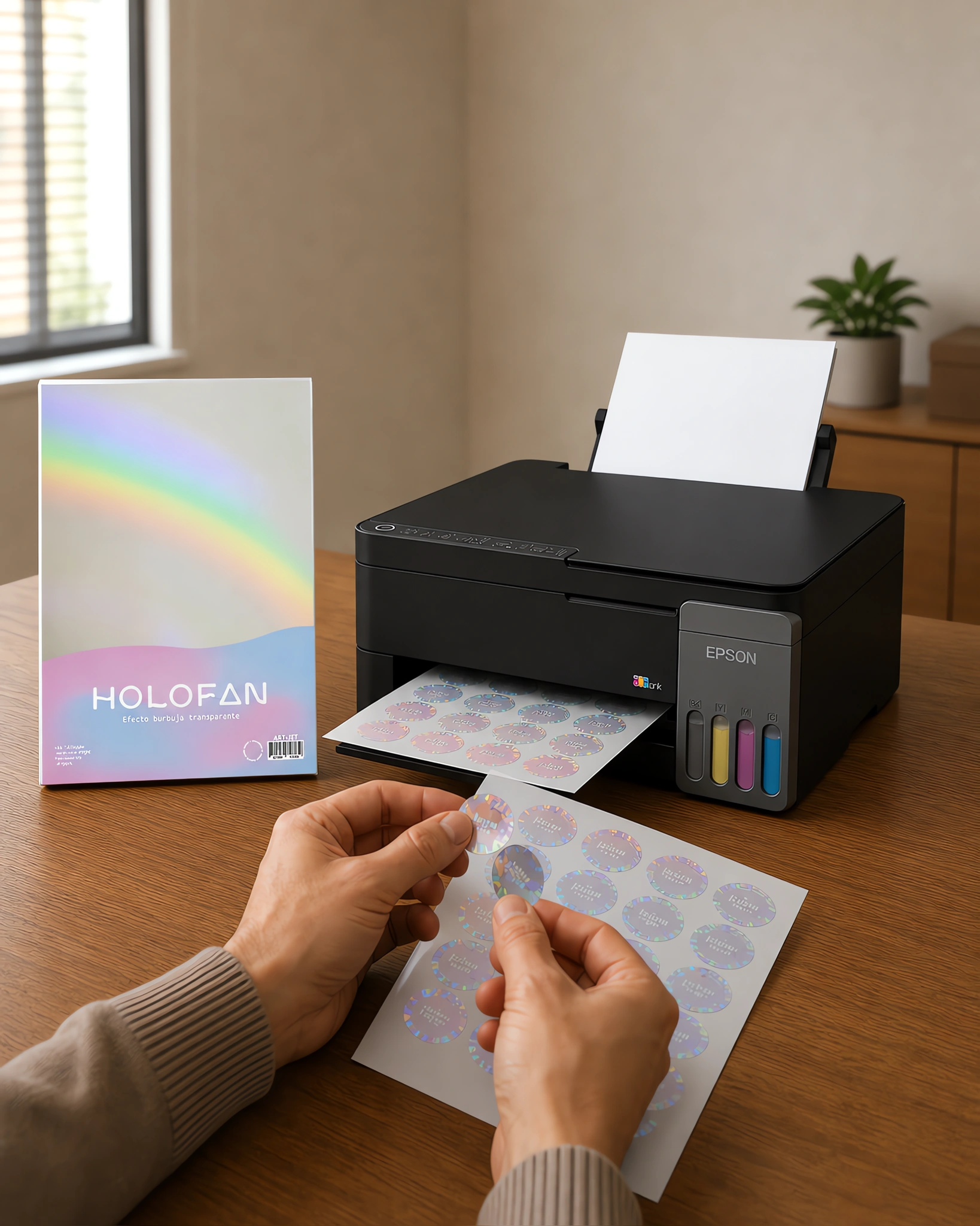 Un sticker holográfico despegándose de su hoja