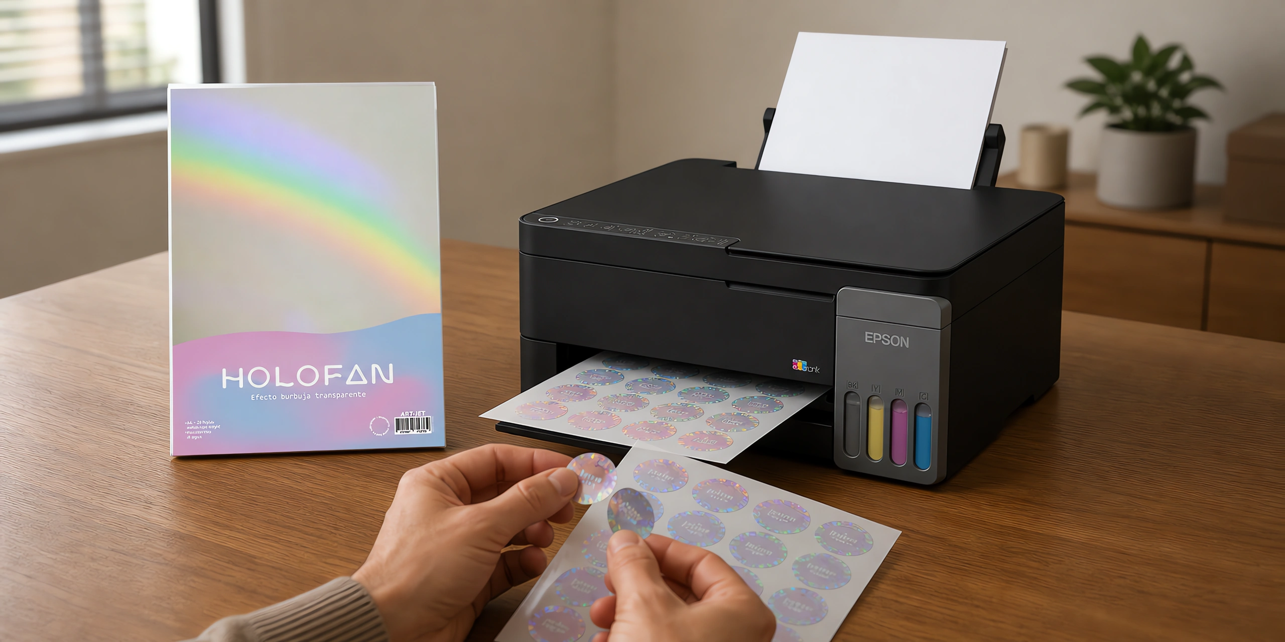 Un sticker holográfico despegándose de su hoja