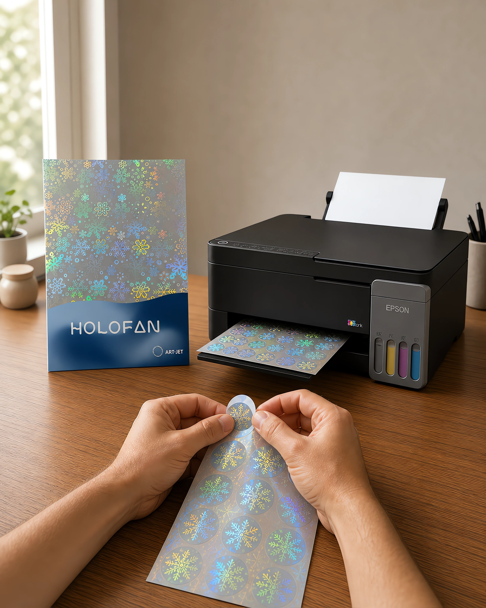 Un sticker holográfico despegándose de su hoja