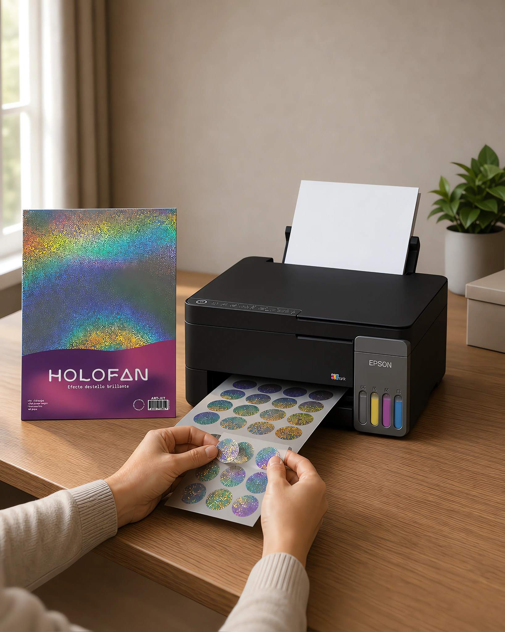 Un sticker holográfico despegándose de su hoja