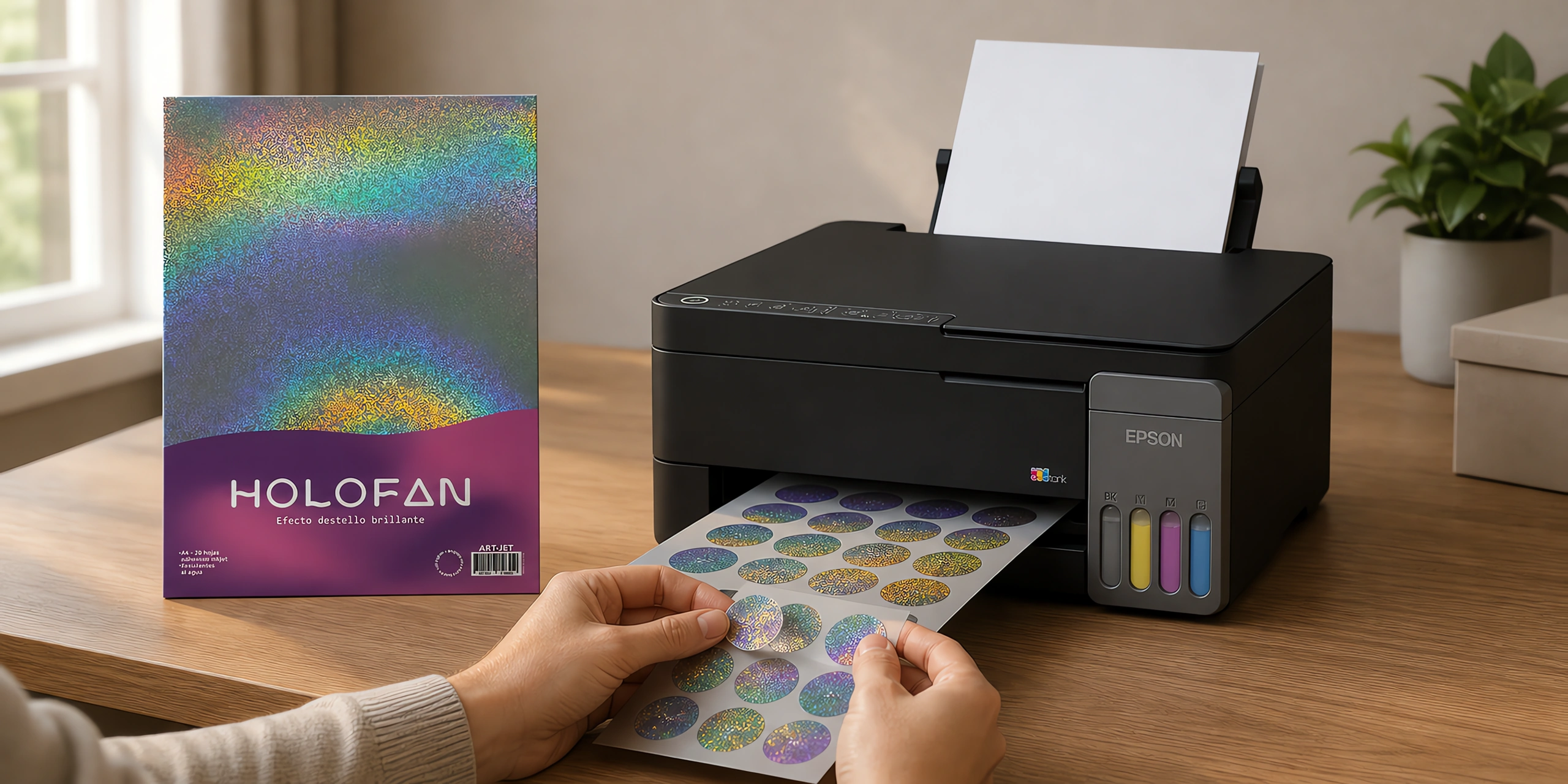 Un sticker holográfico despegándose de su hoja