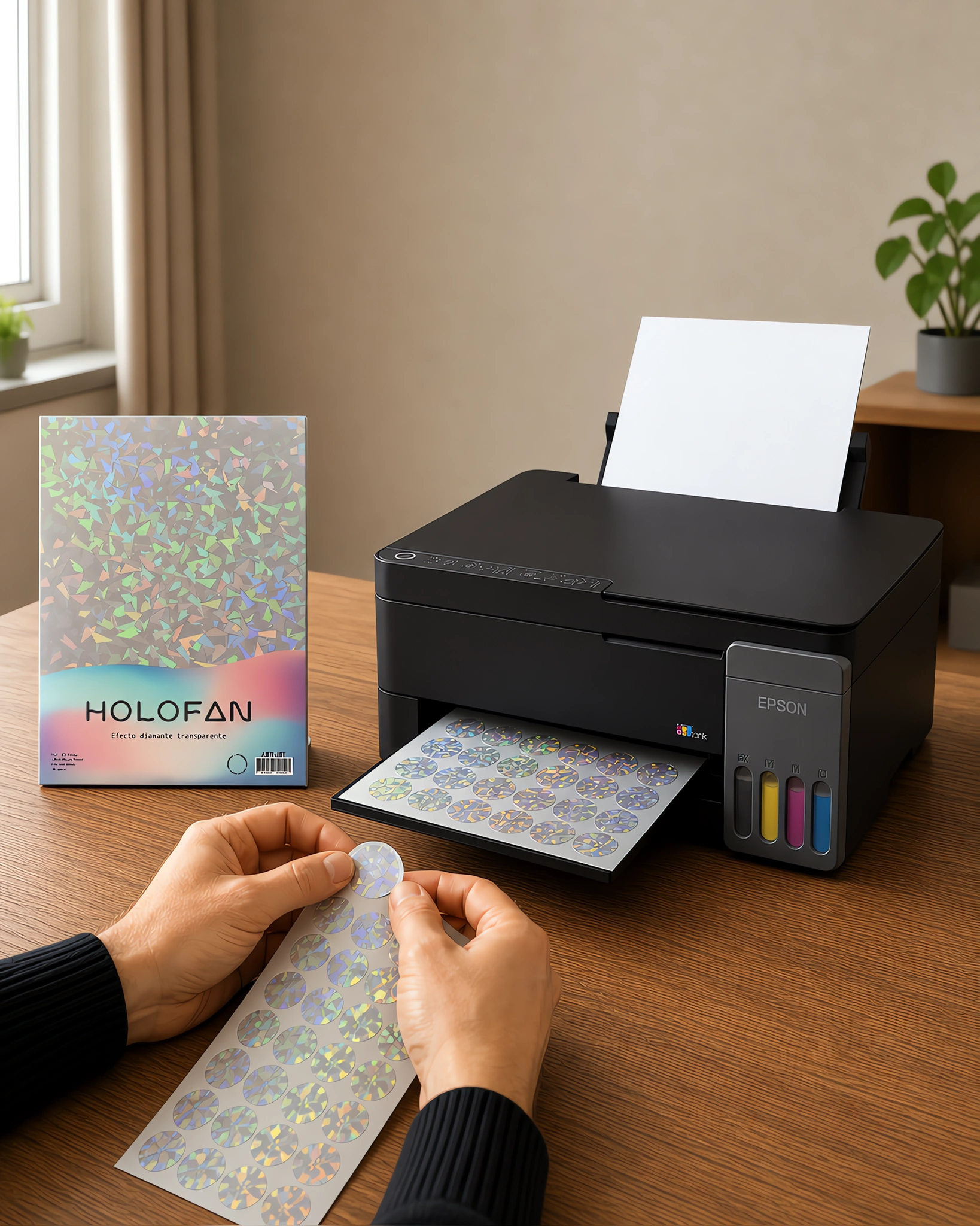 Un sticker holográfico despegándose de su hoja