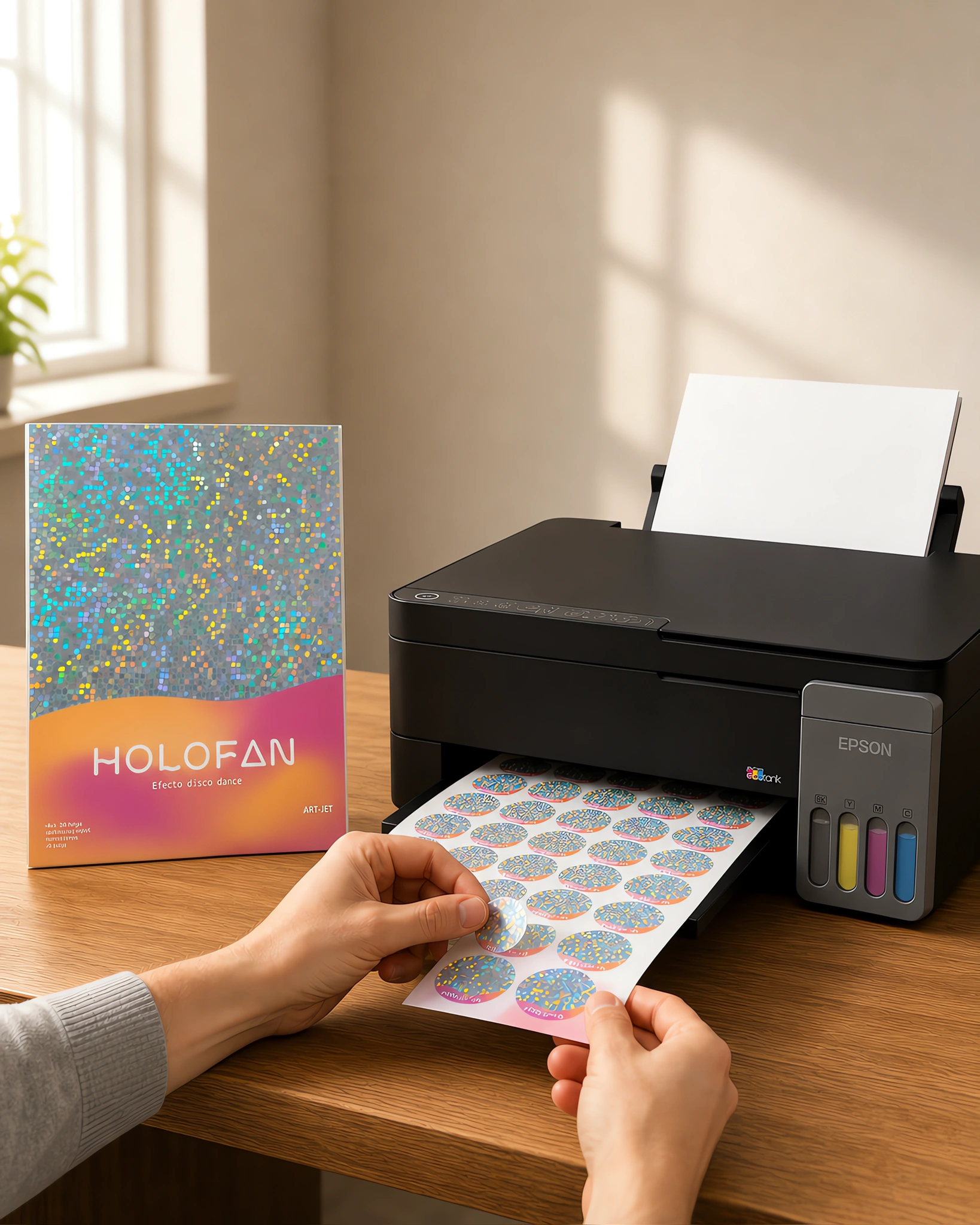 Un sticker holográfico despegándose de su hoja