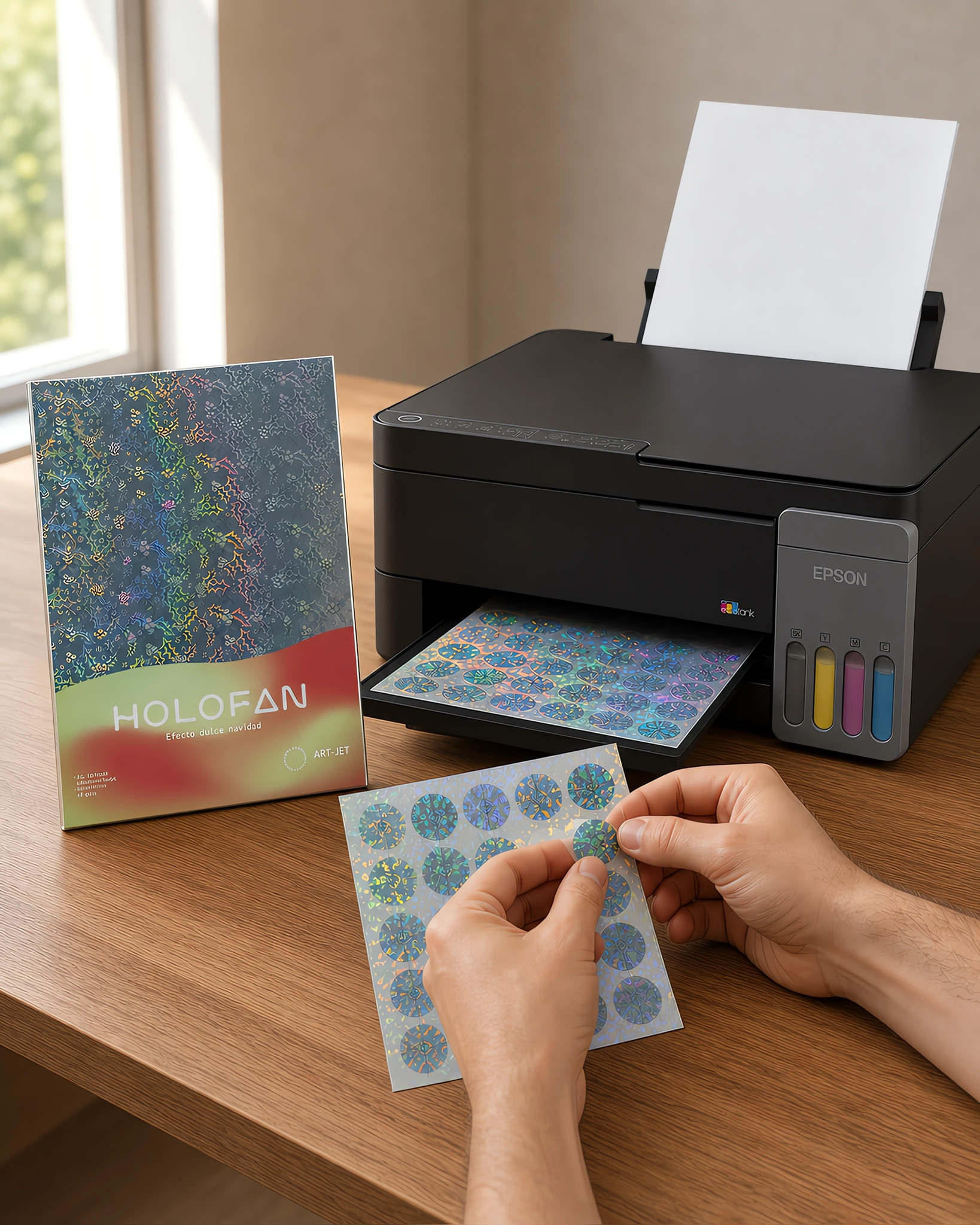 Un sticker holográfico despegándose de su hoja