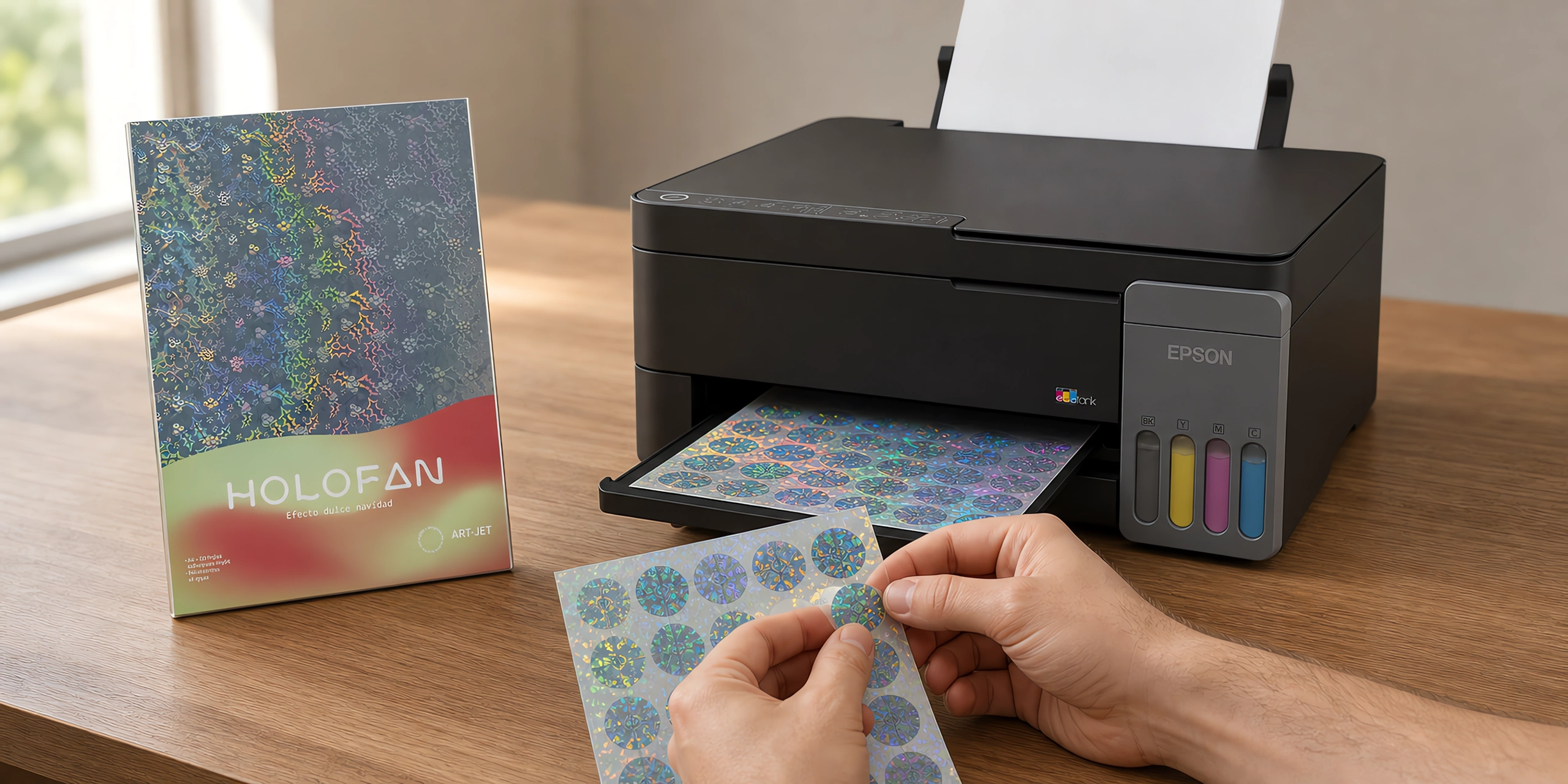 Un sticker holográfico despegándose de su hoja