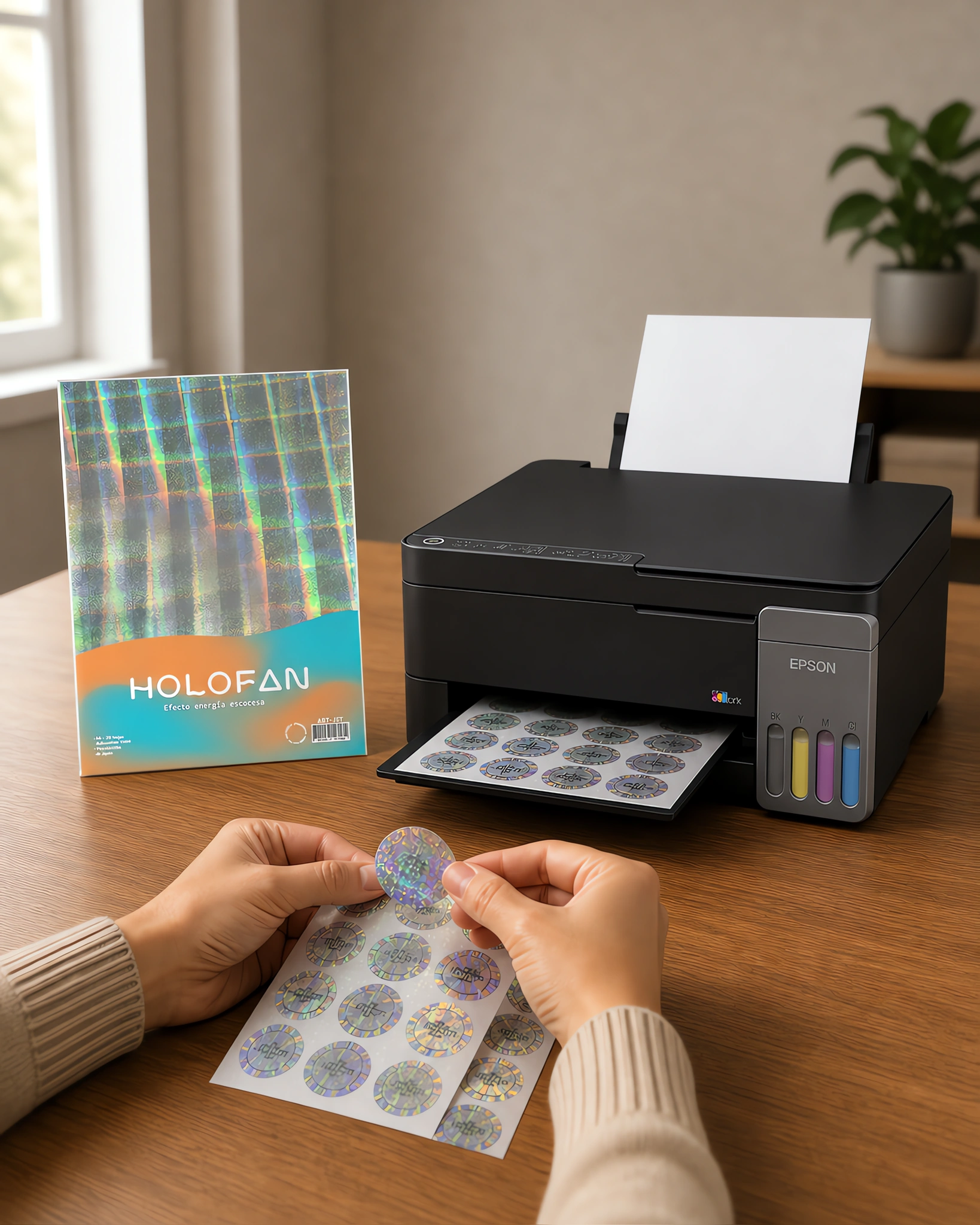 Un sticker holográfico despegándose de su hoja