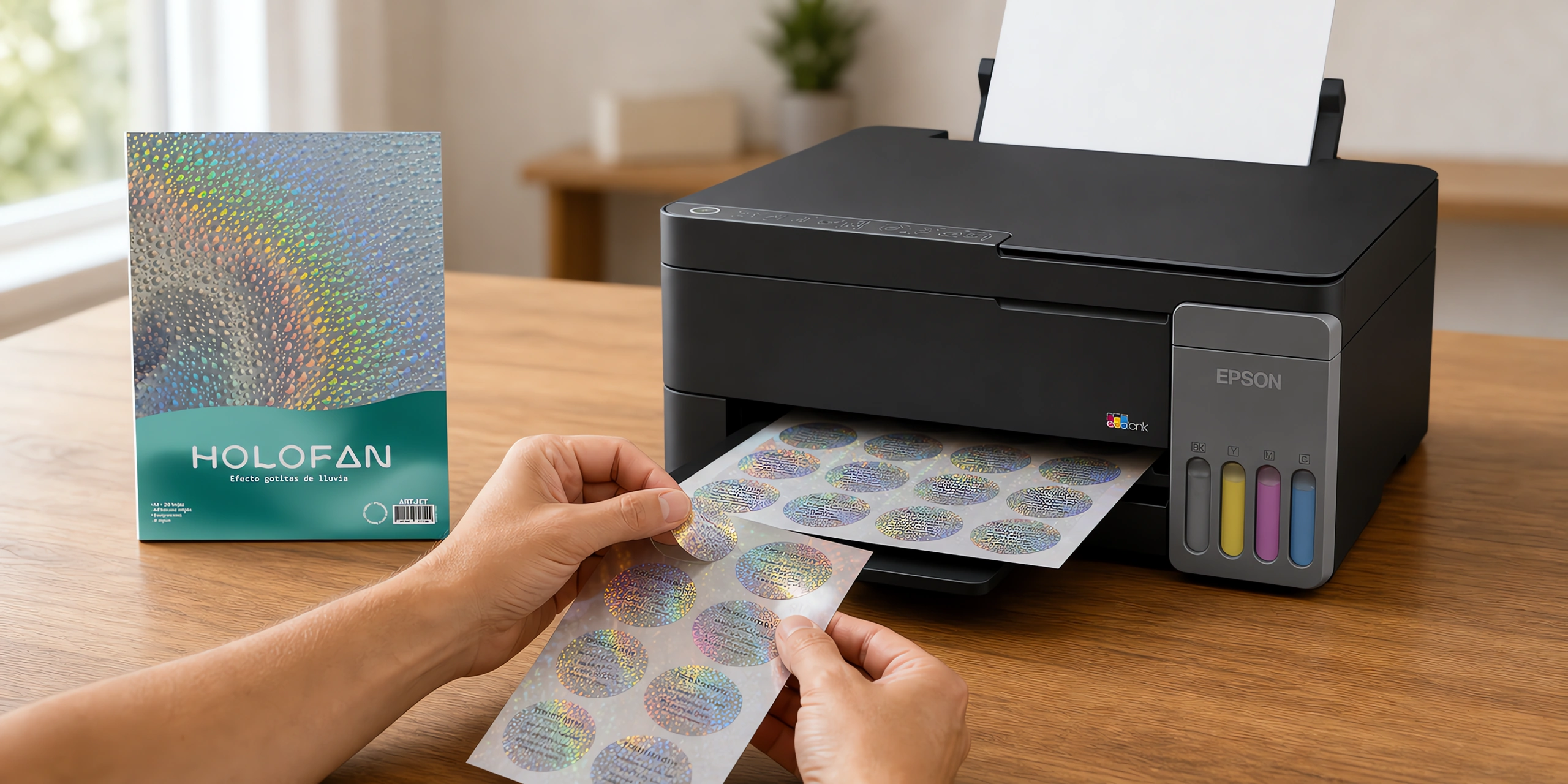 Un sticker holográfico despegándose de su hoja