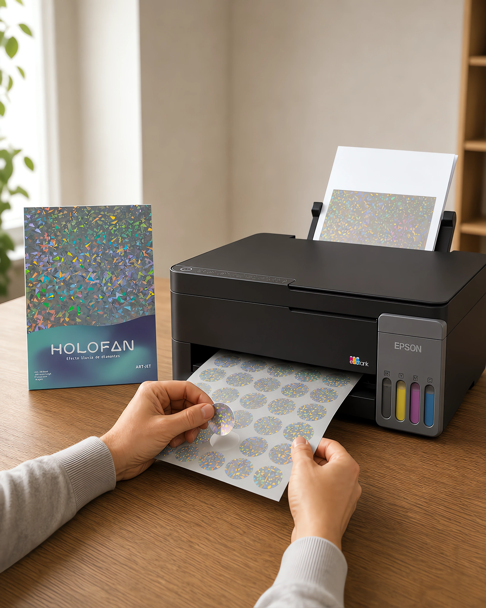 Un sticker holográfico despegándose de su hoja