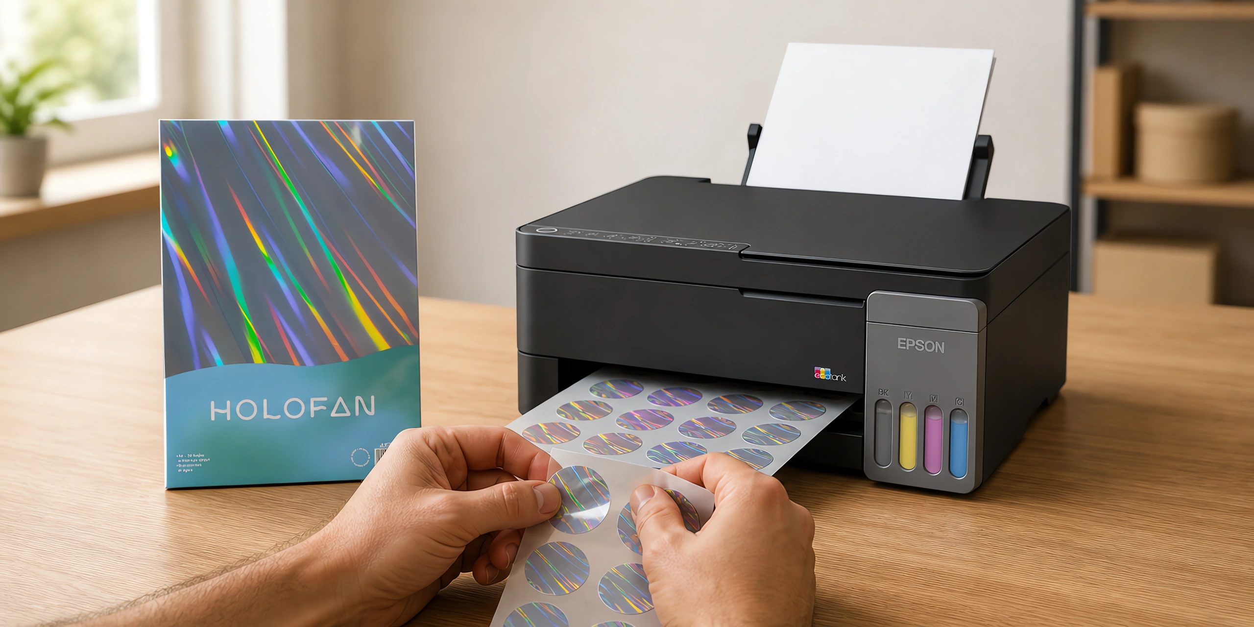 Un sticker holográfico despegándose de su hoja