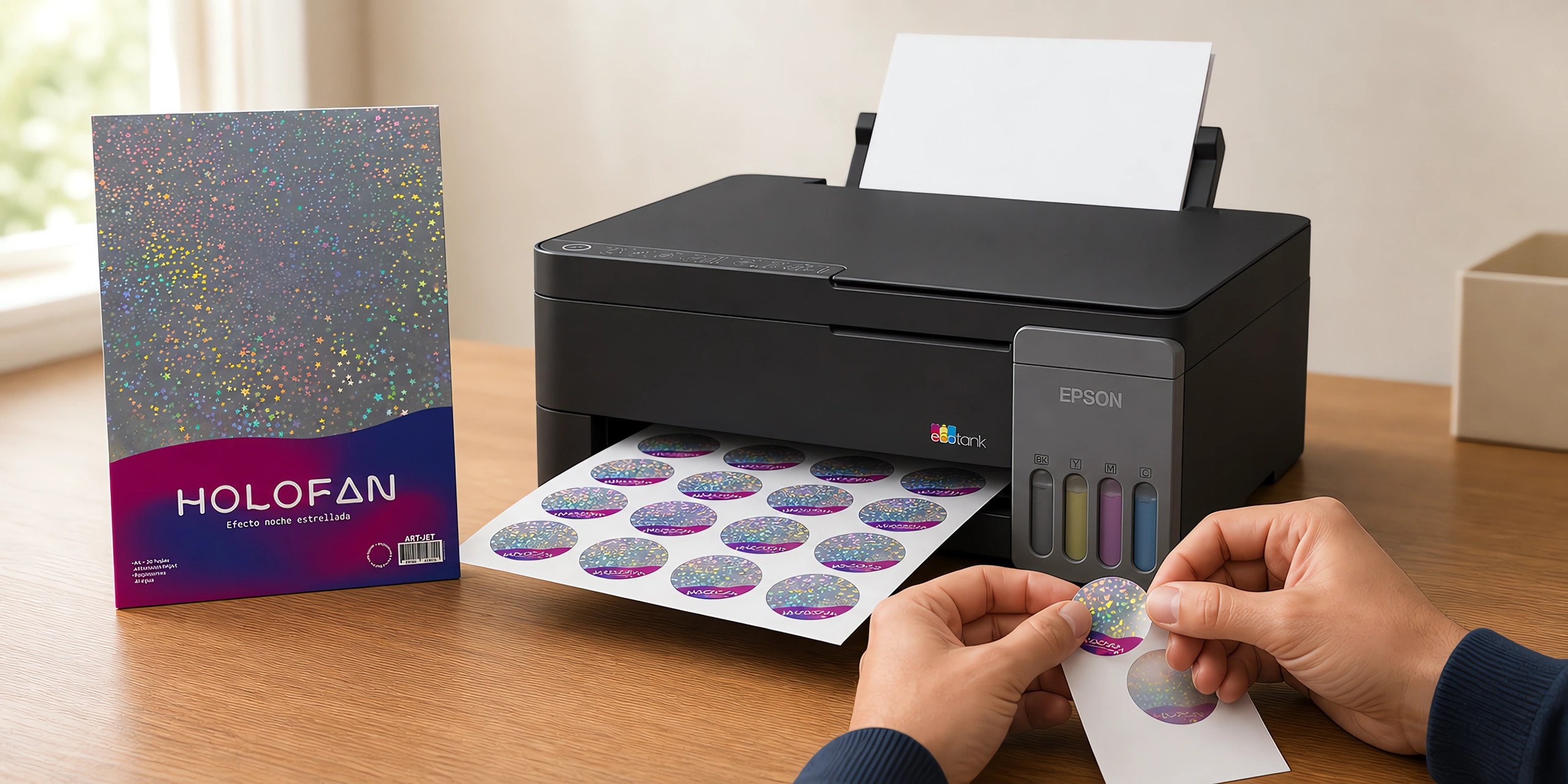 Un sticker holográfico despegándose de su hoja