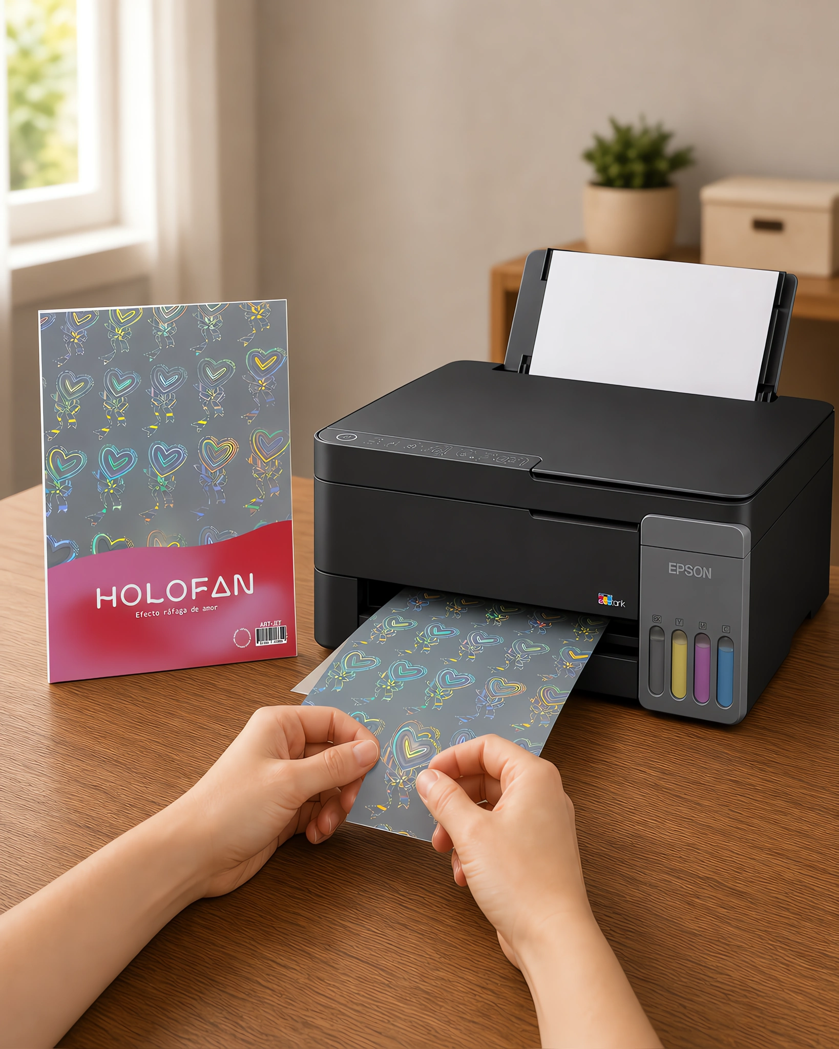 Un sticker holográfico despegándose de su hoja