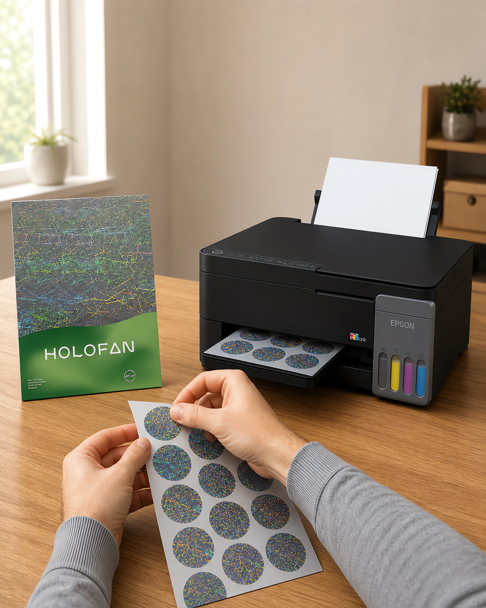Un sticker holográfico despegándose de su hoja