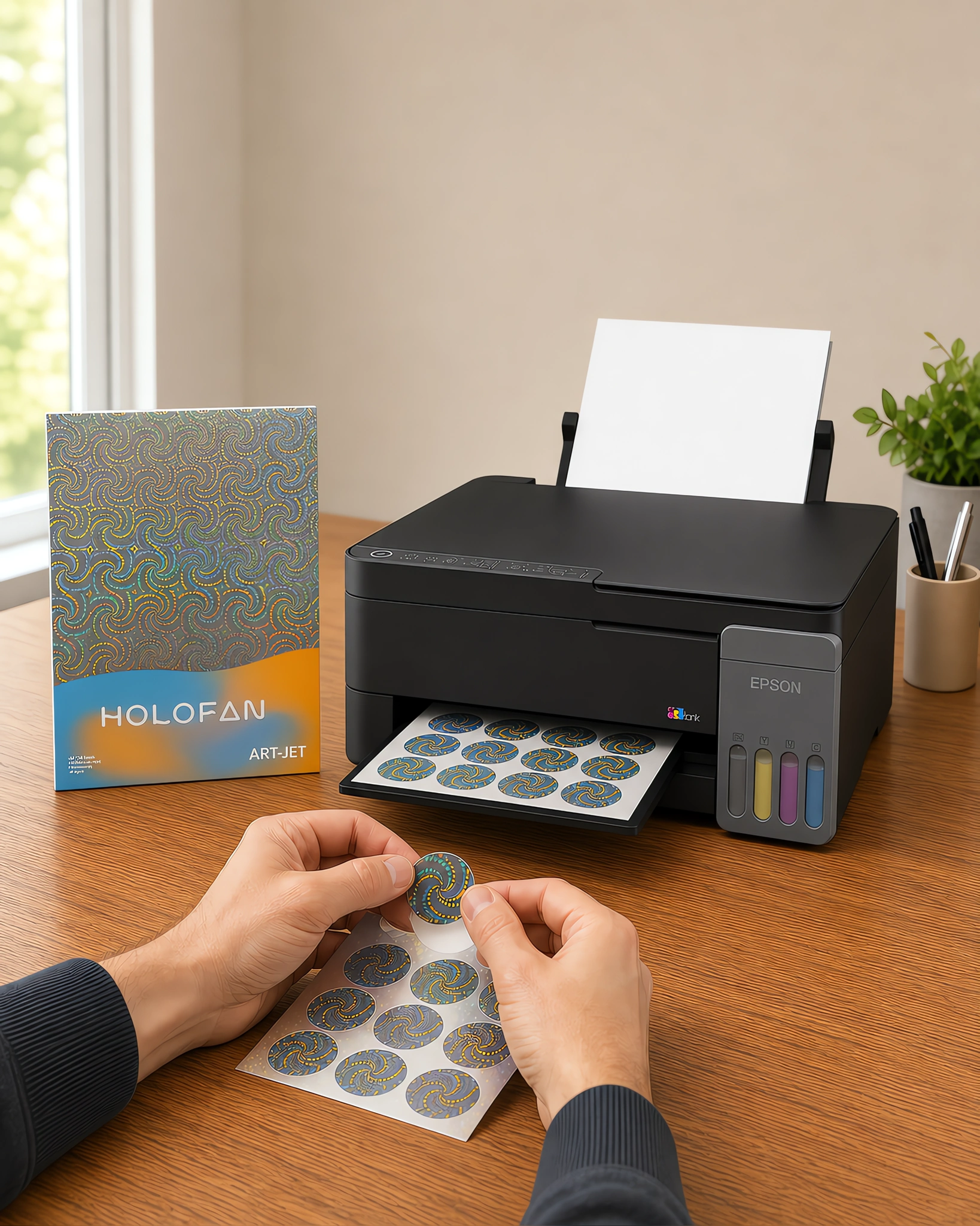 Un sticker holográfico despegándose de su hoja