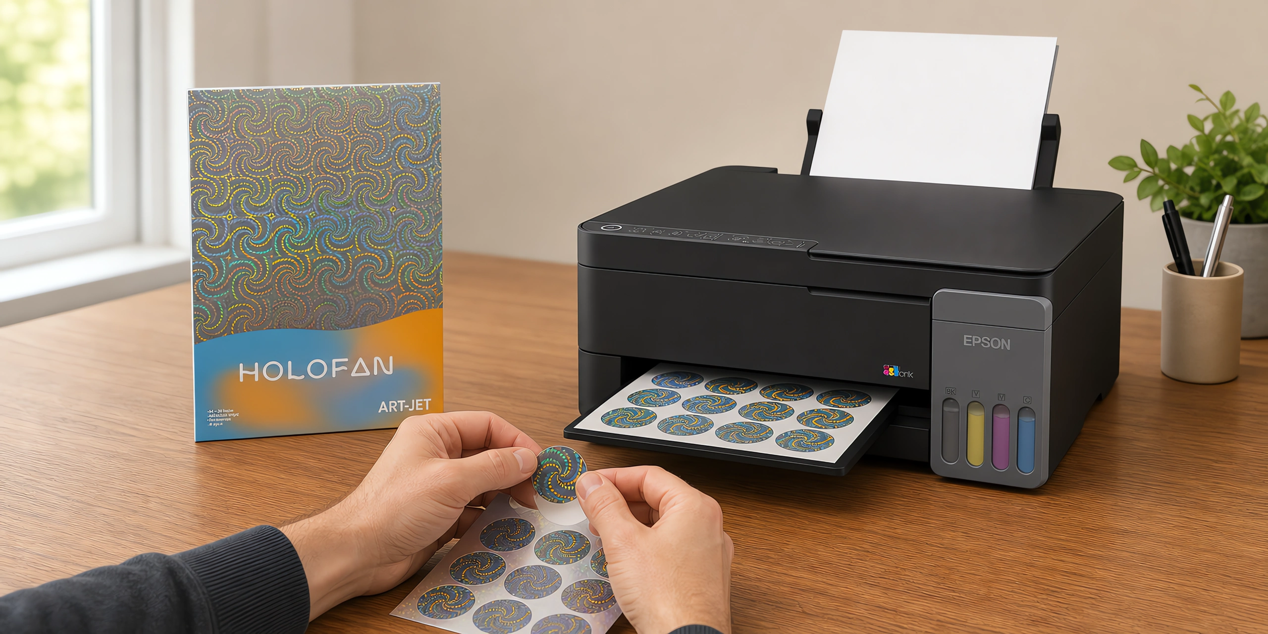 Un sticker holográfico despegándose de su hoja