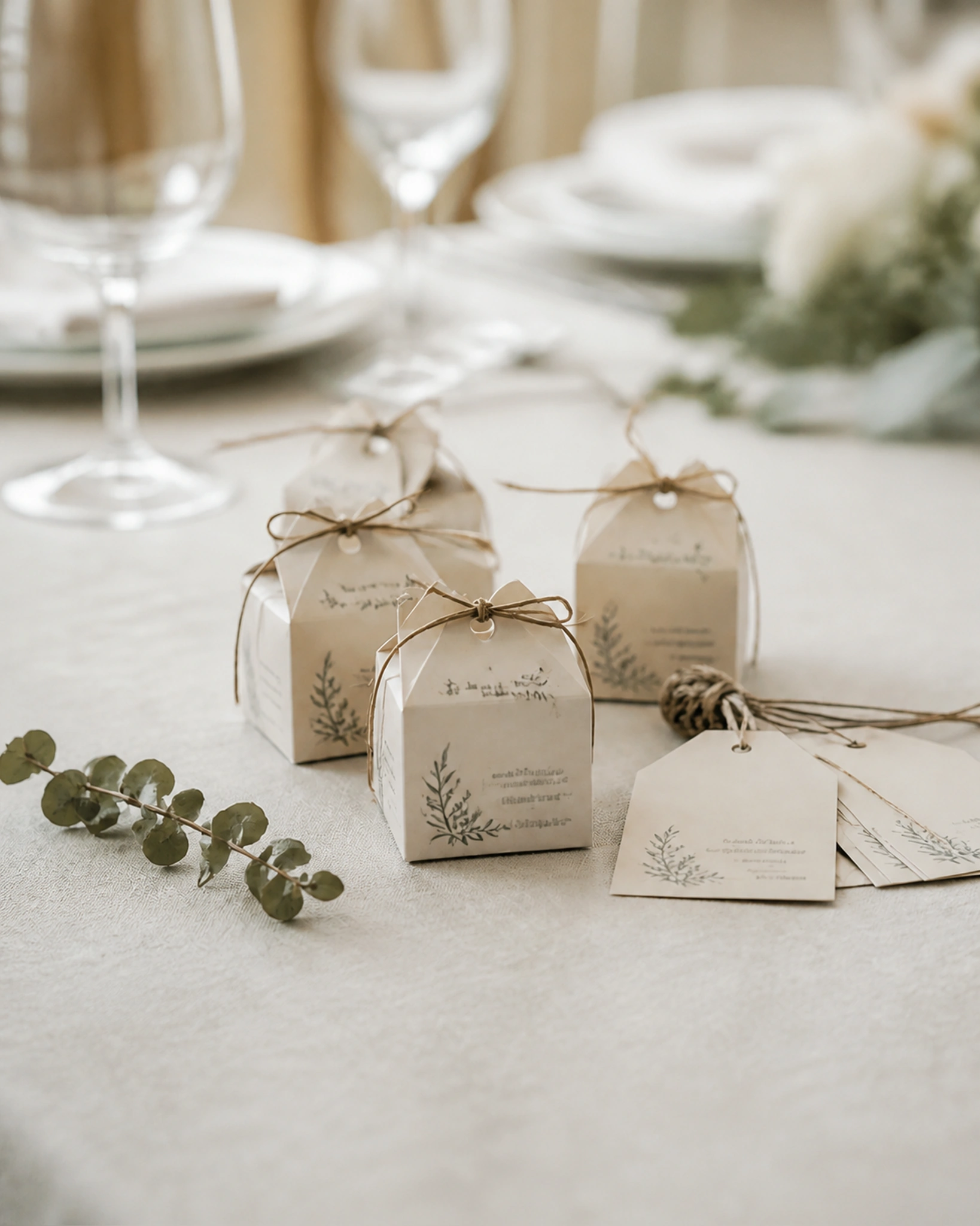 Cajitas y tarjetas mate armadas sobre una mesa de fiesta