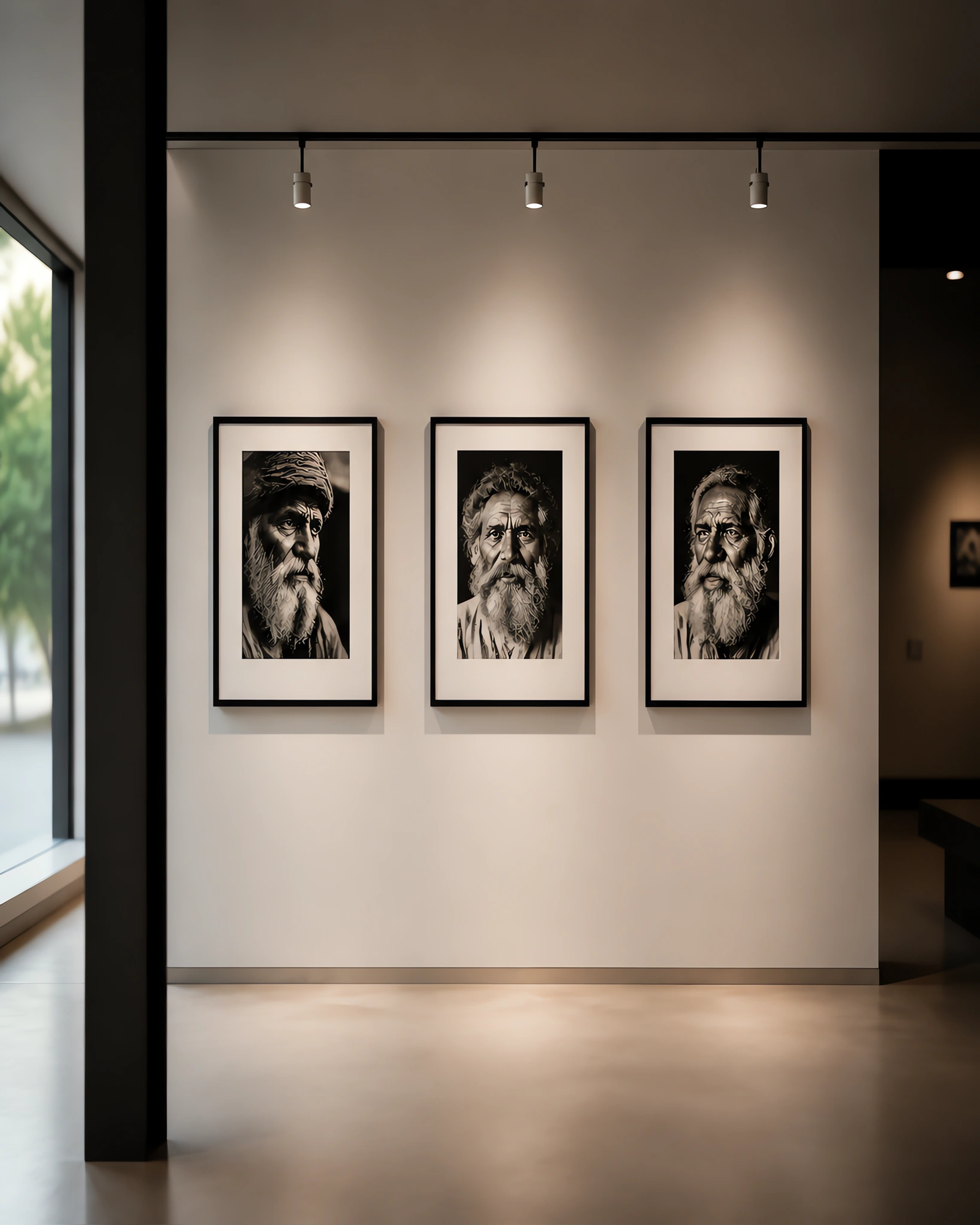 Tres retratos enmarcados colgados en una pared de galería
