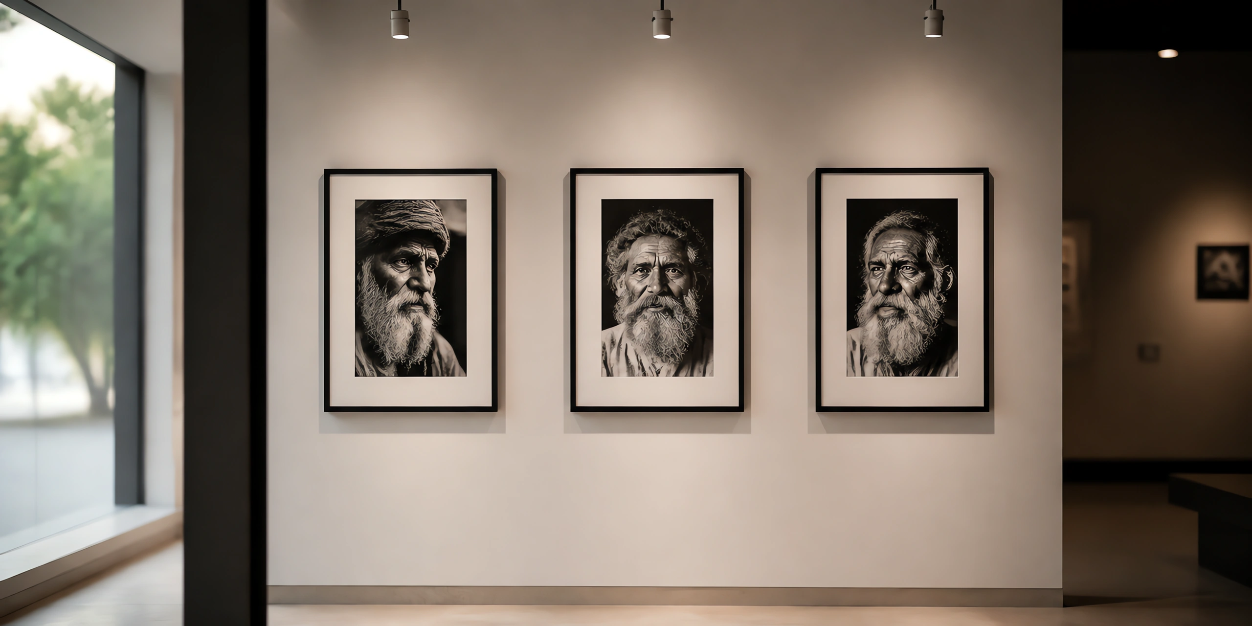 Tres retratos enmarcados colgados en una pared de galería