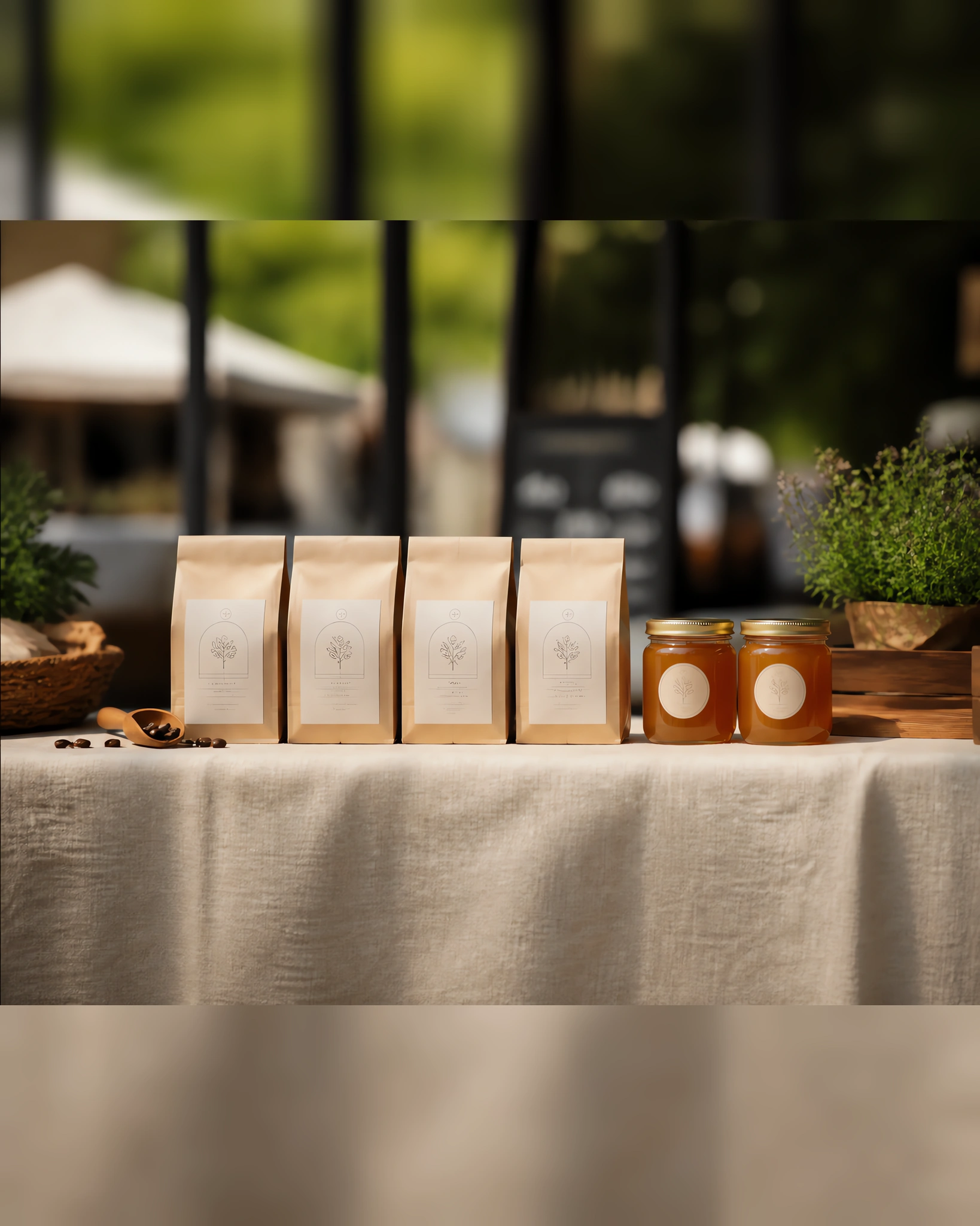 Bolsas de café y frascos con etiquetas kraft en un puesto
