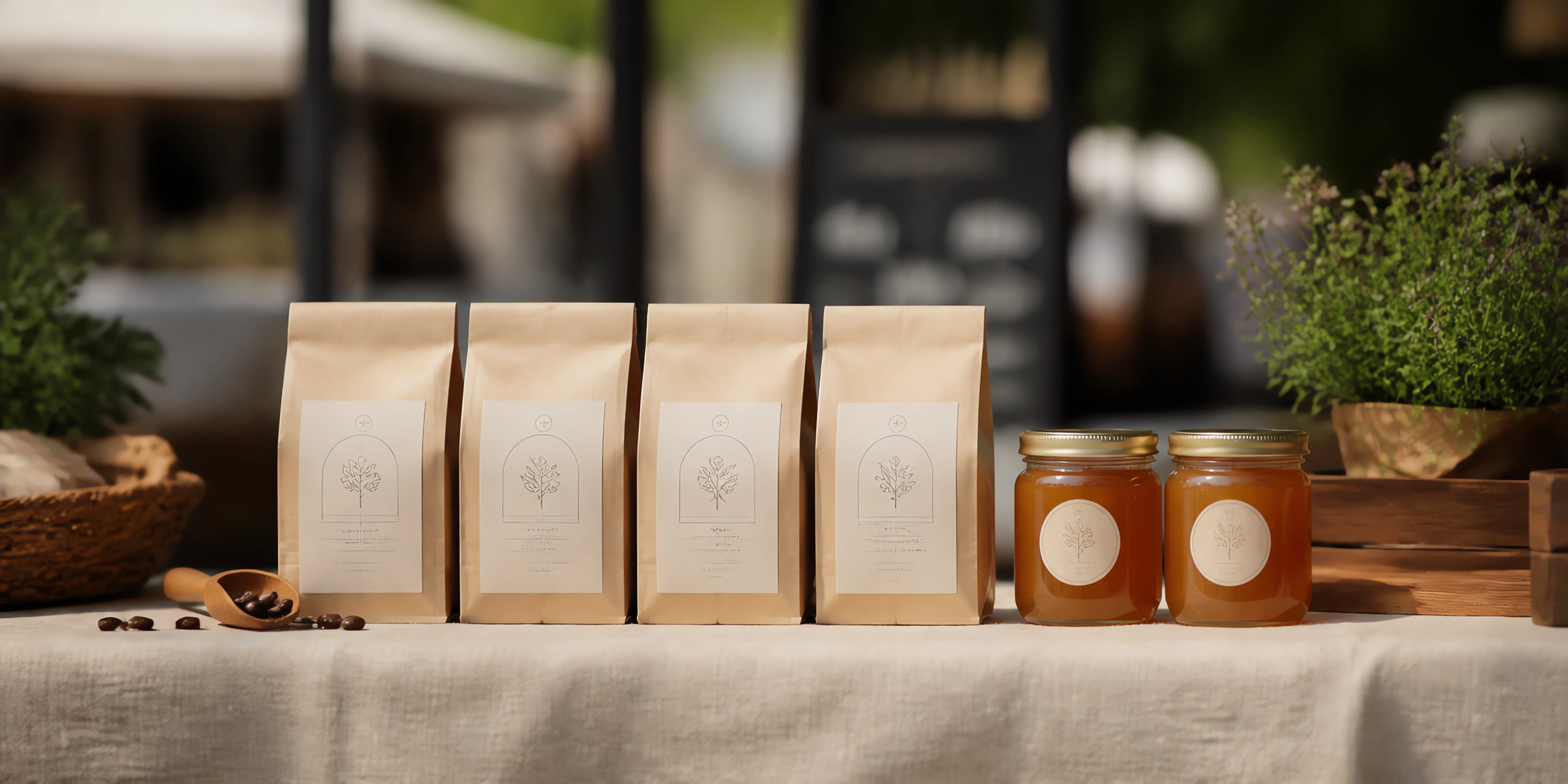 Bolsas de café y frascos con etiquetas kraft en un puesto