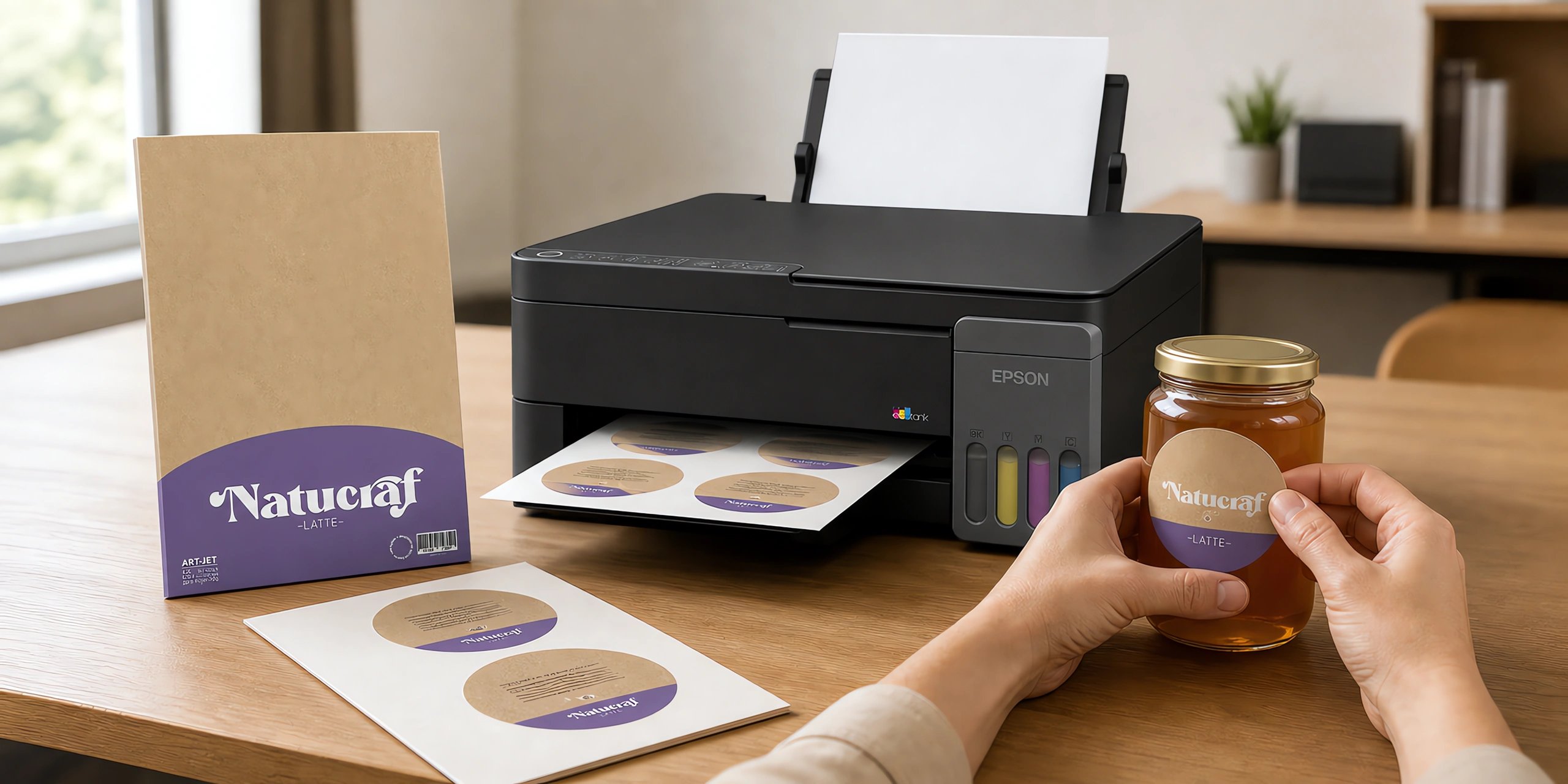Una etiqueta de papel kraft pegándose en un frasco de miel