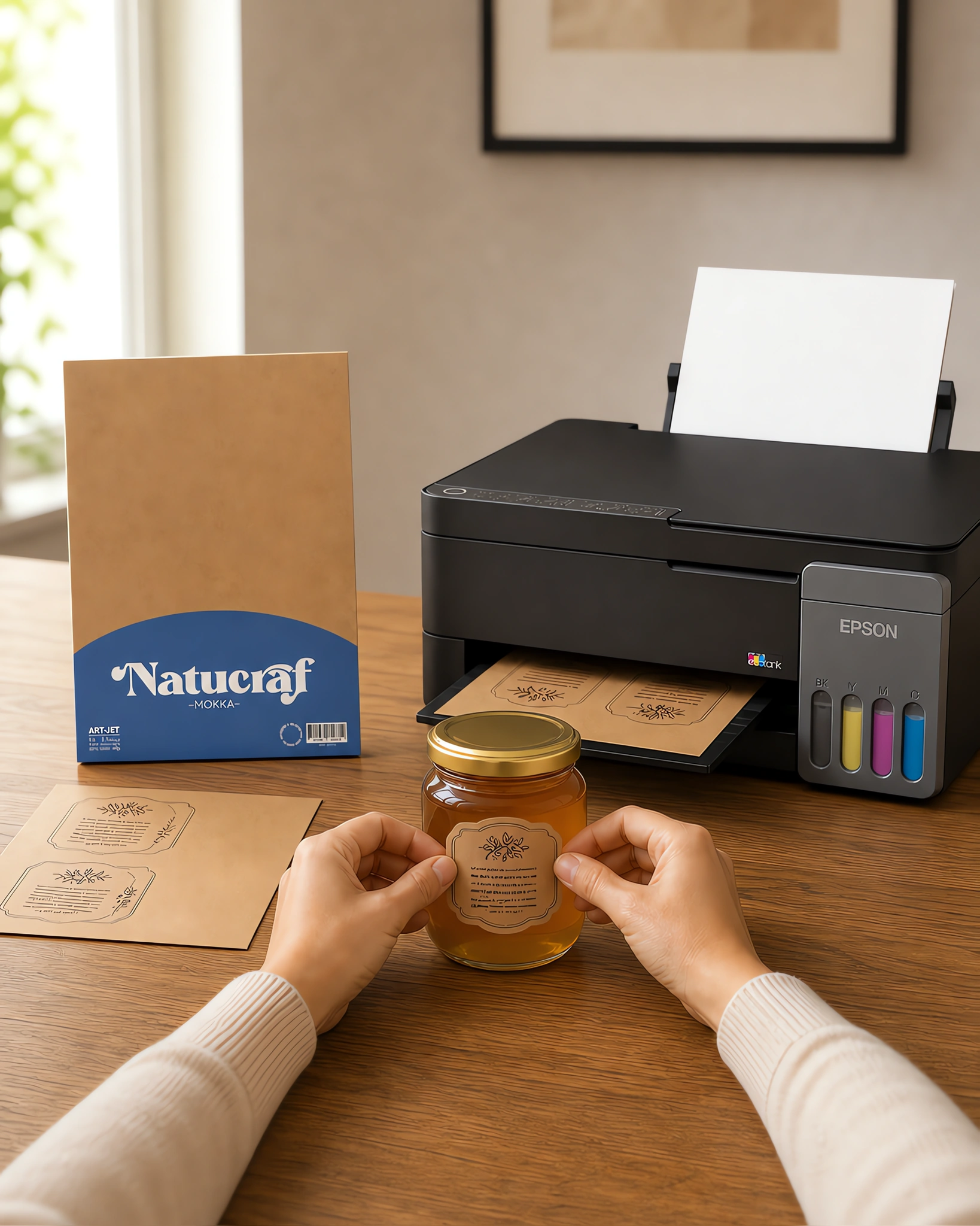 Una etiqueta de papel kraft pegándose en un frasco de miel
