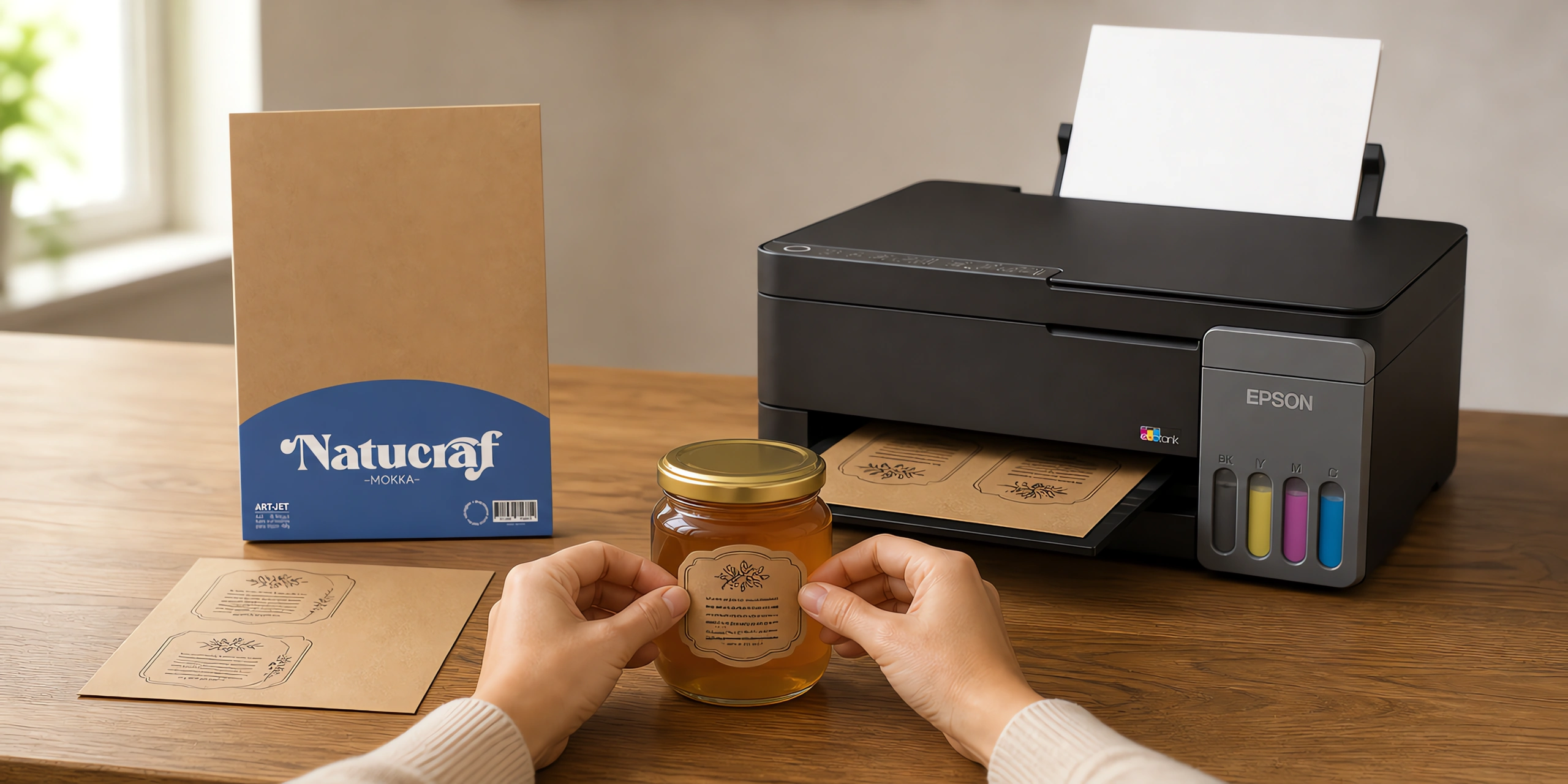 Una etiqueta de papel kraft pegándose en un frasco de miel