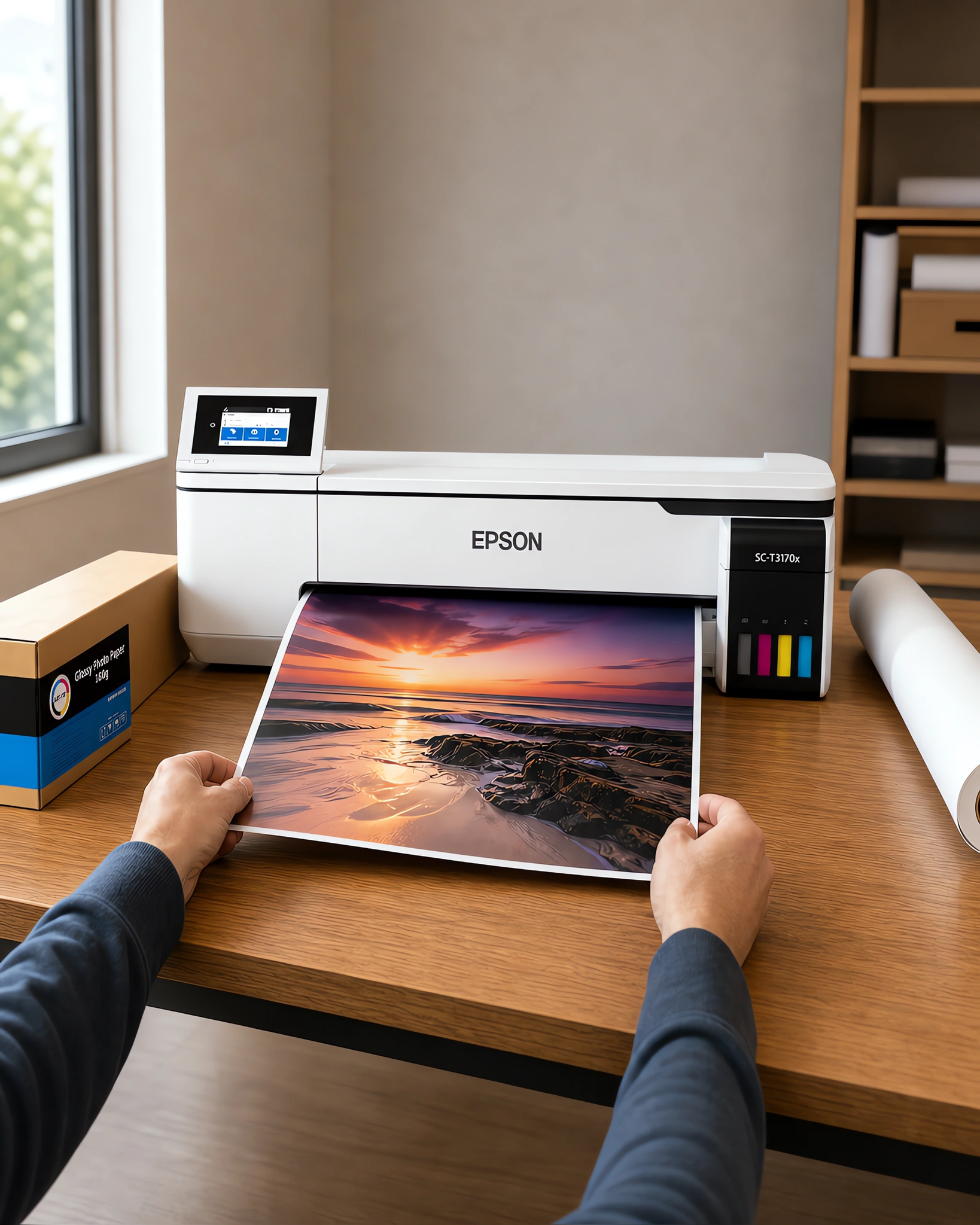 Una ampliación brillante saliendo del plotter, junto al rollo