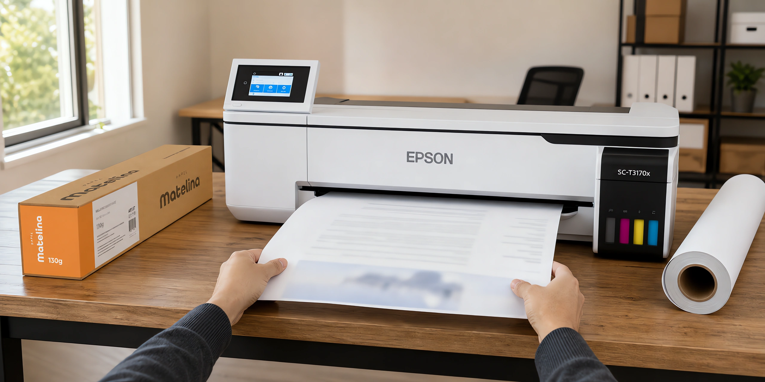 Una lámina mate saliendo del plotter, junto a un rollo de papel