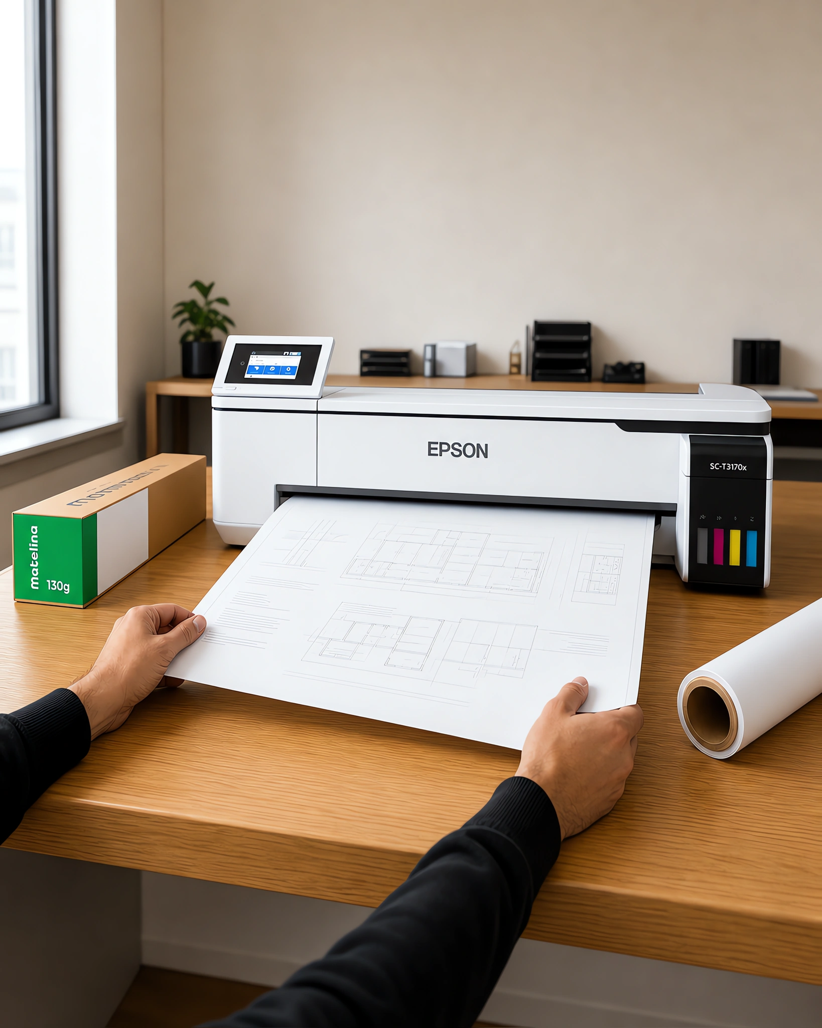 Una lámina mate saliendo del plotter, junto a un rollo de papel