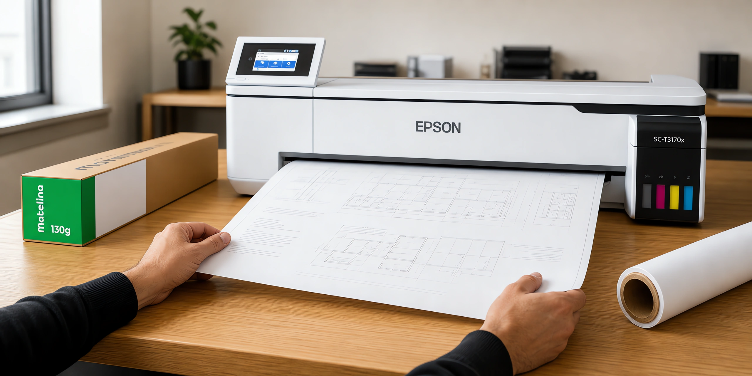 Una lámina mate saliendo del plotter, junto a un rollo de papel