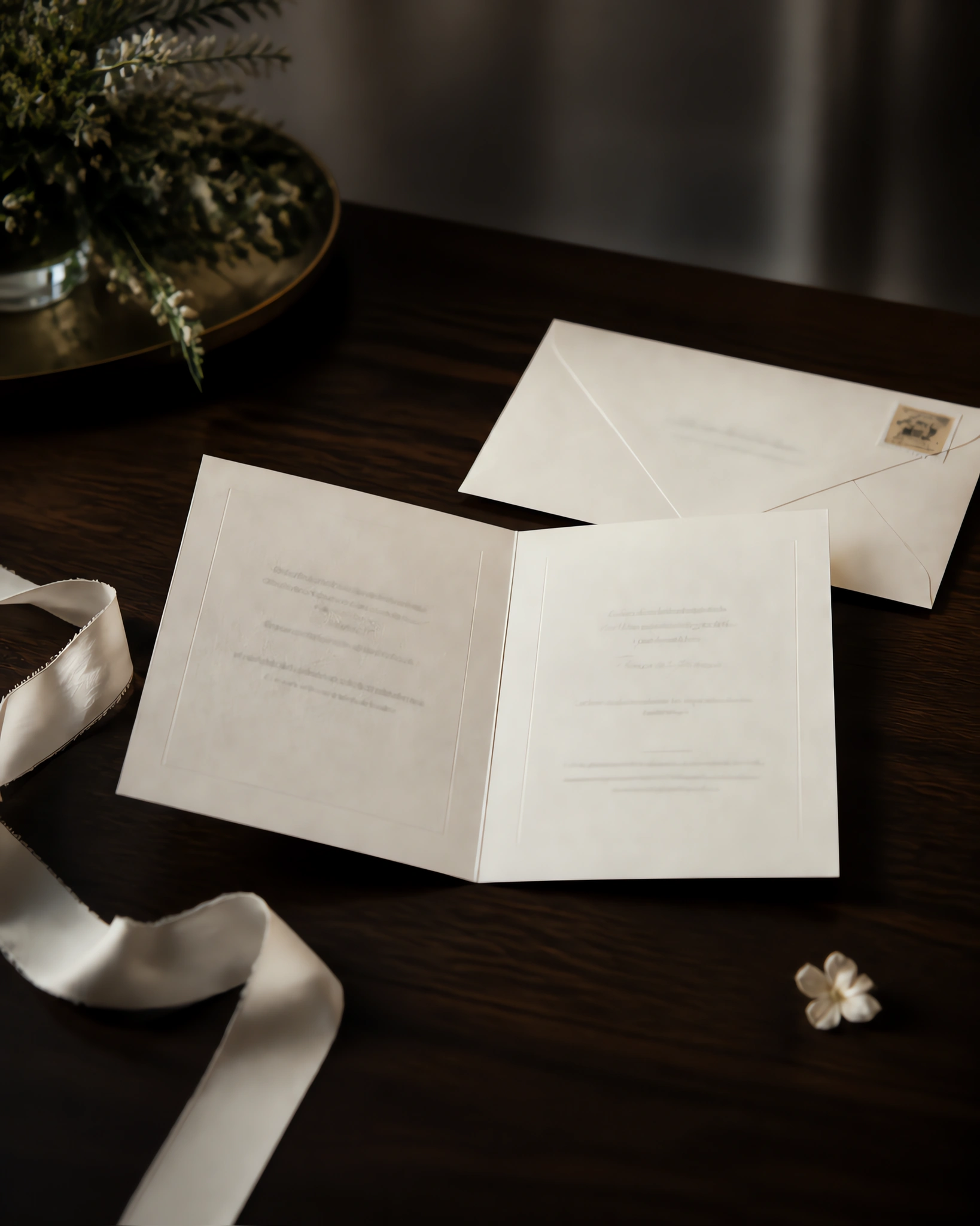 Una invitación texturada abierta sobre una mesa, con su sobre