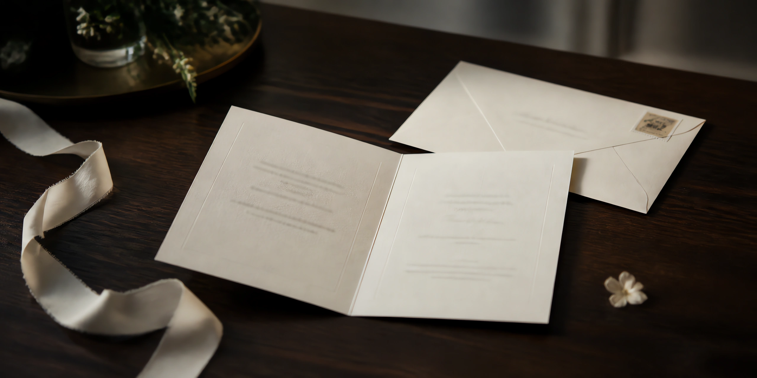 Una invitación texturada abierta sobre una mesa, con su sobre