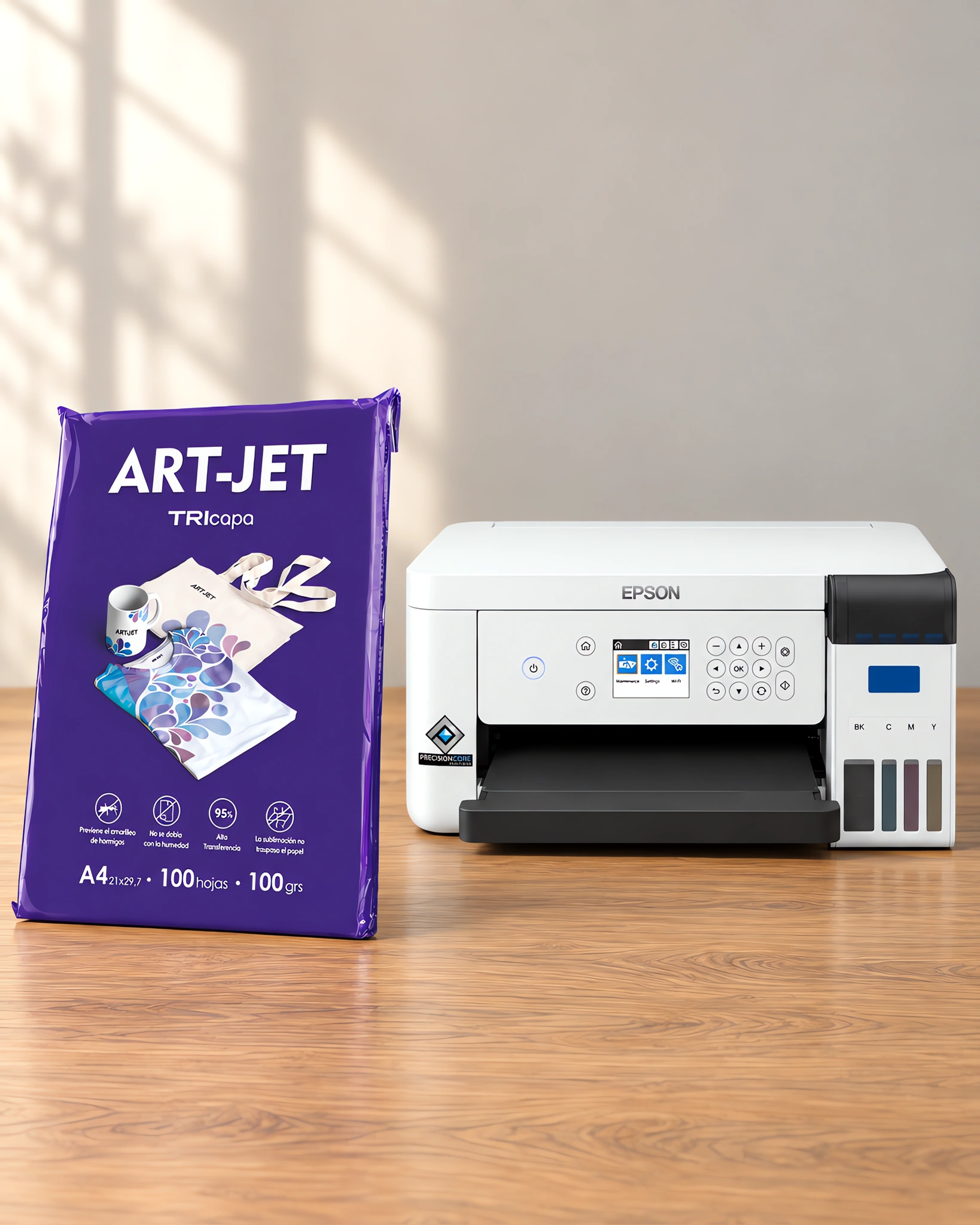 Papel tricapa para sublimar a4, con la impresora que lo usa detrás
