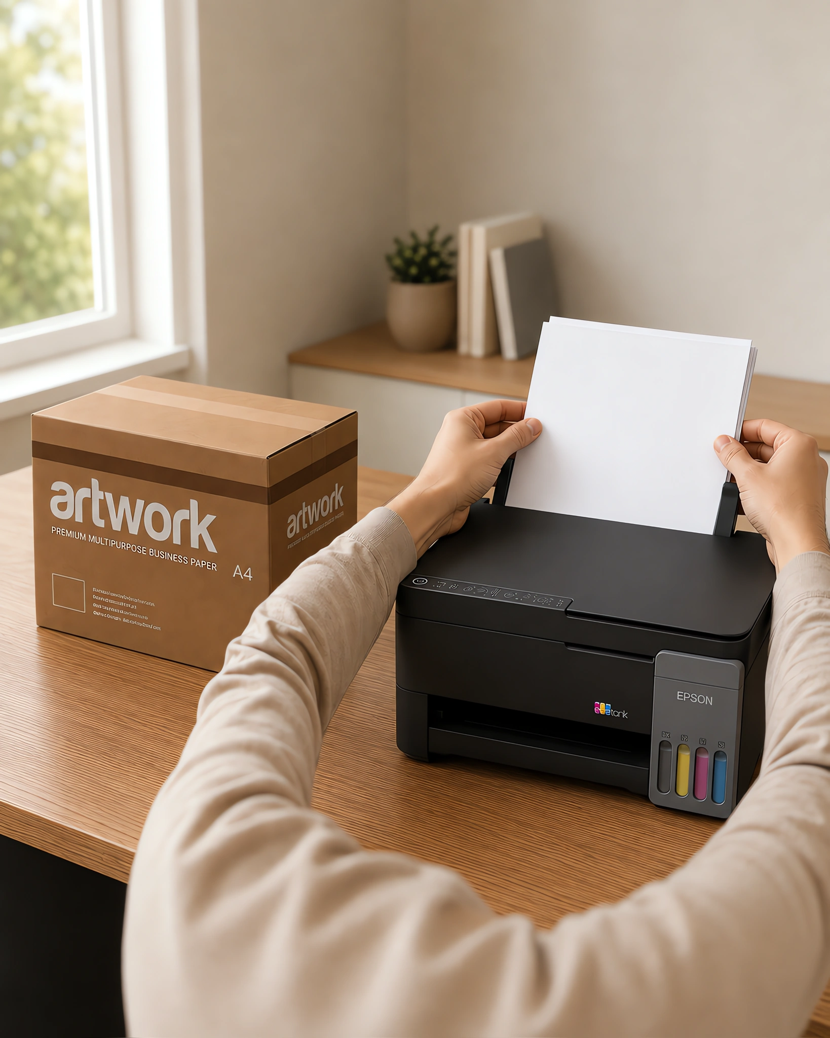 Una impresora cargándose con hojas junto a la caja de cinco resmas Artwork