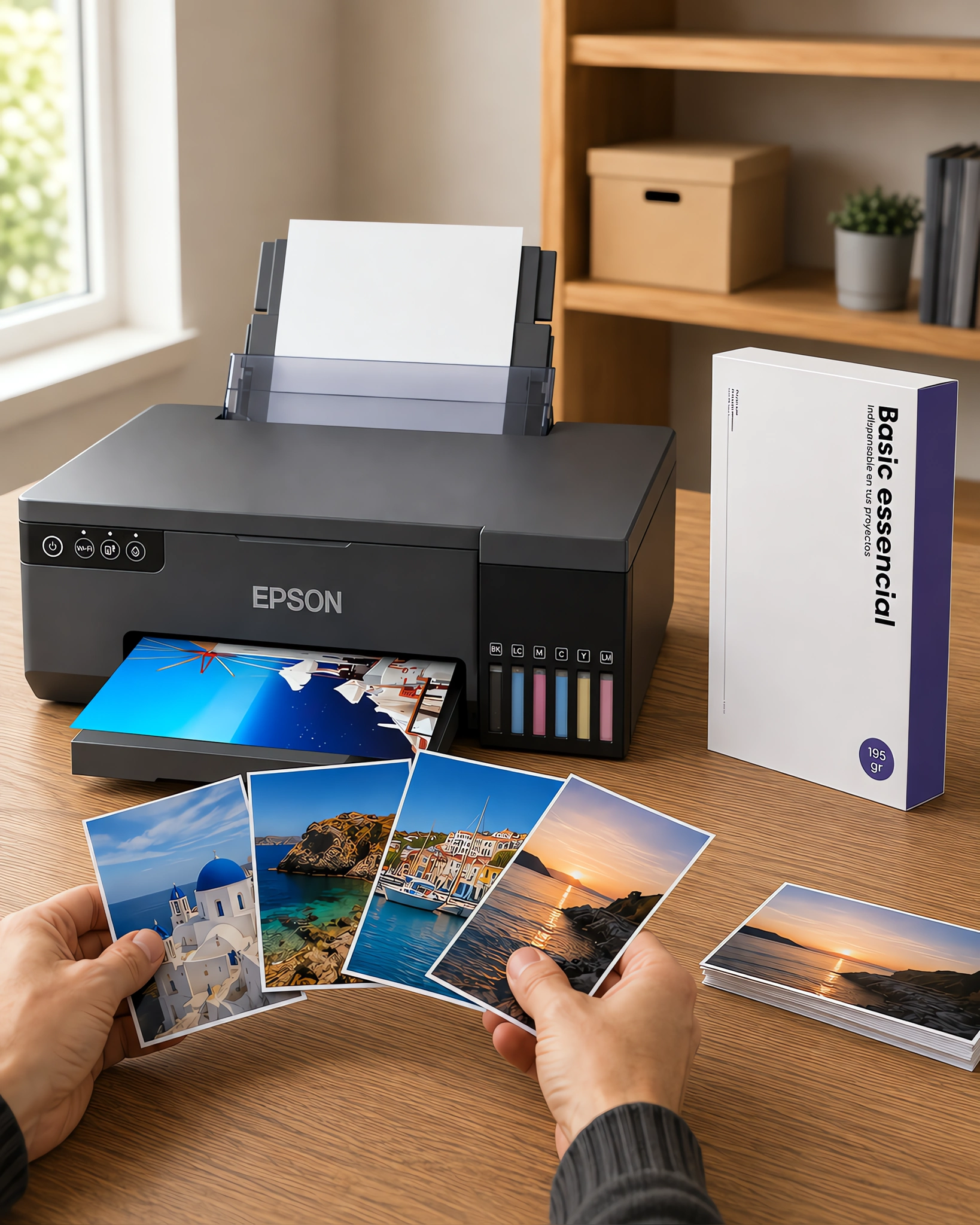 Fotos brillantes recién impresas sobre el escritorio junto a la caja de papel fotográfico