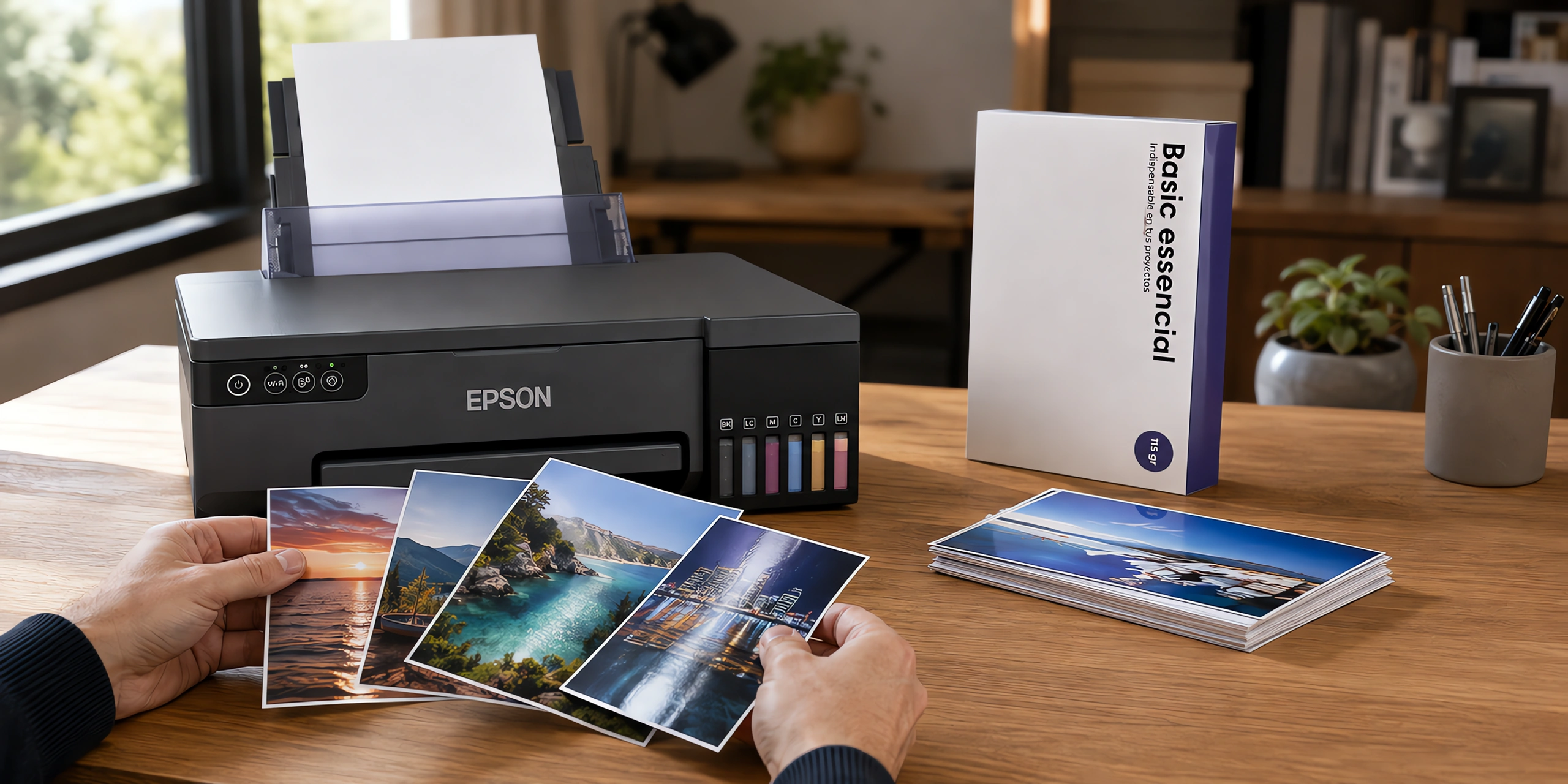 Fotos brillantes recién impresas sobre el escritorio junto a la caja de papel fotográfico