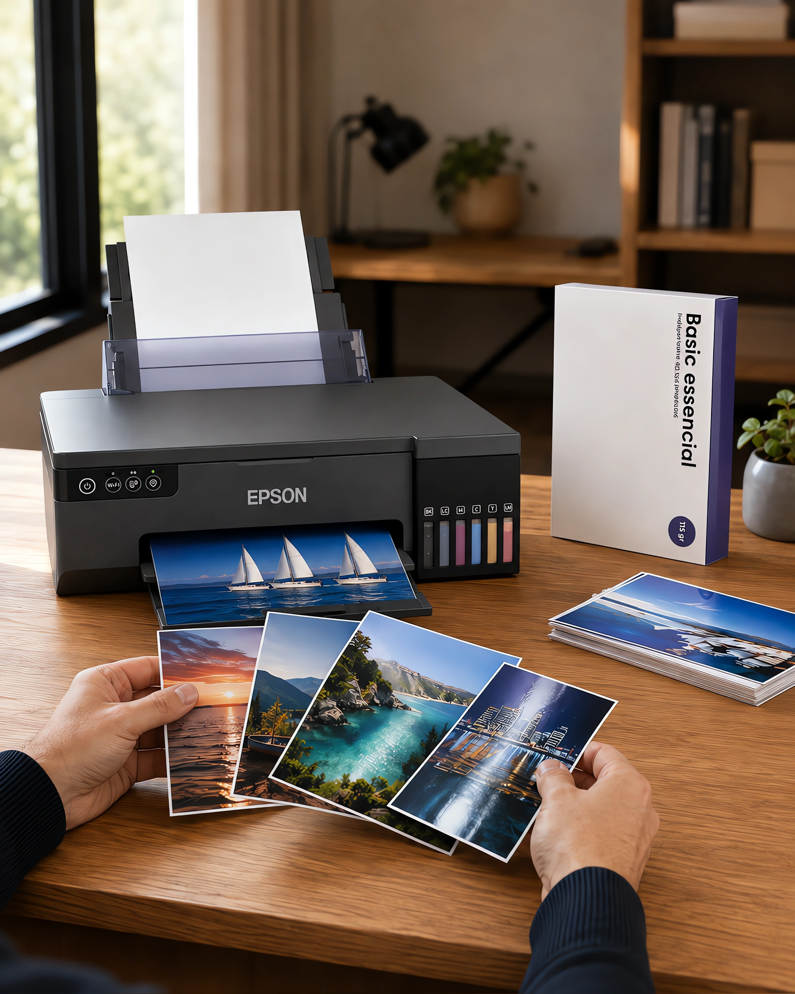 Fotos brillantes recién impresas sobre el escritorio junto a la caja de papel fotográfico